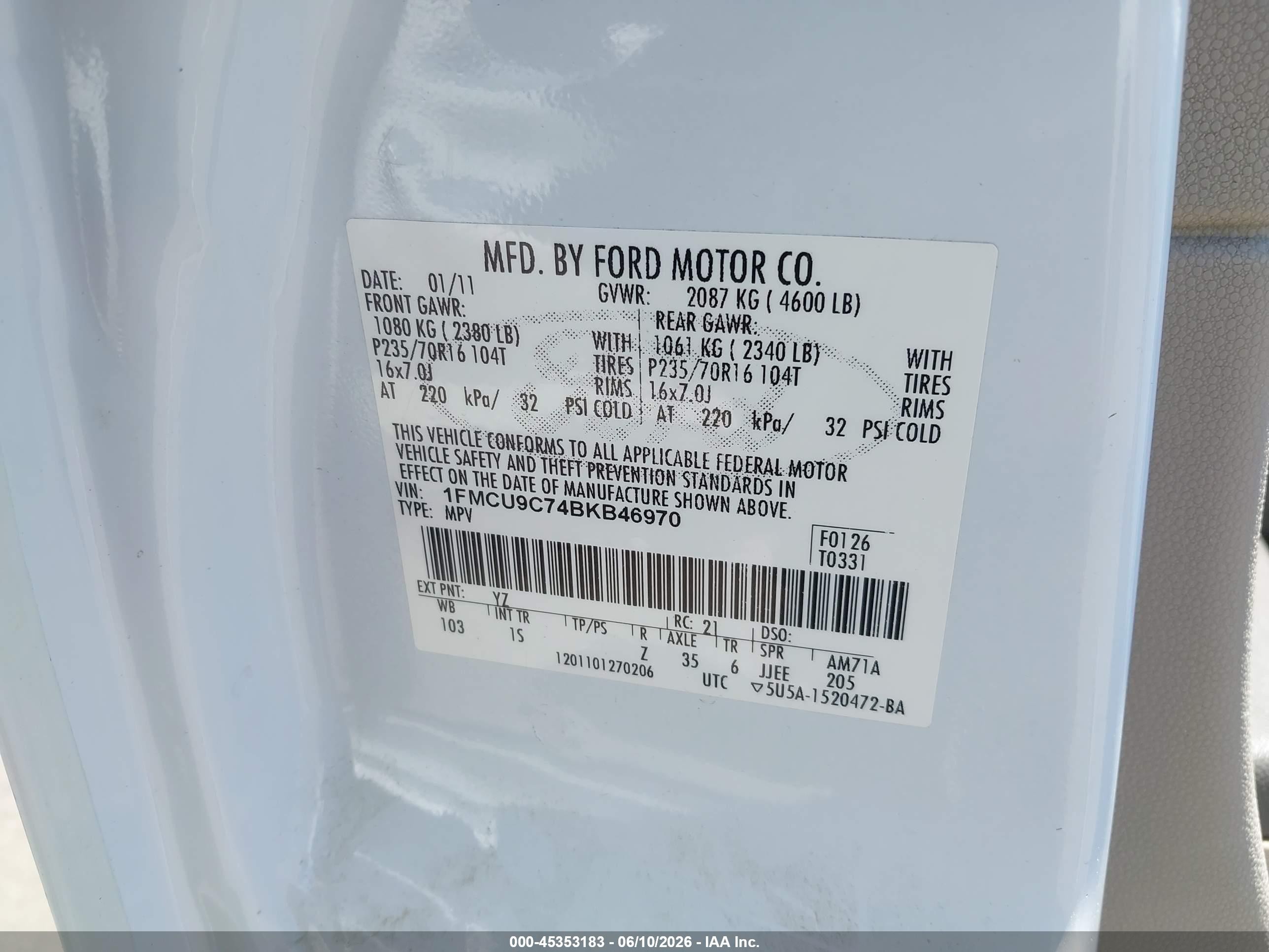 2011 Ford Escape Xls White vin: 1FMCU9C74BKB46970