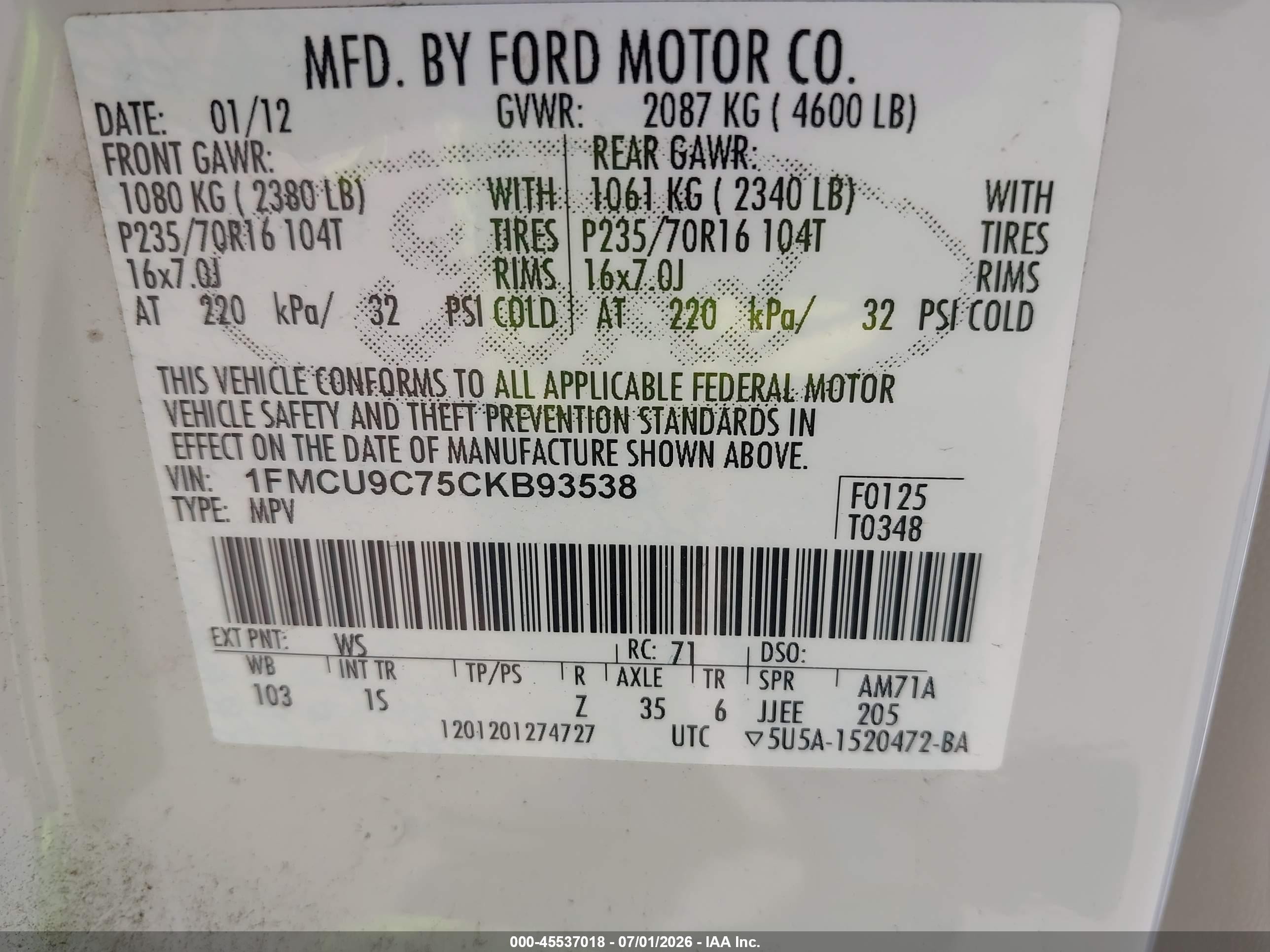 2012 Ford Escape Xls White vin: 1FMCU9C75CKB93538