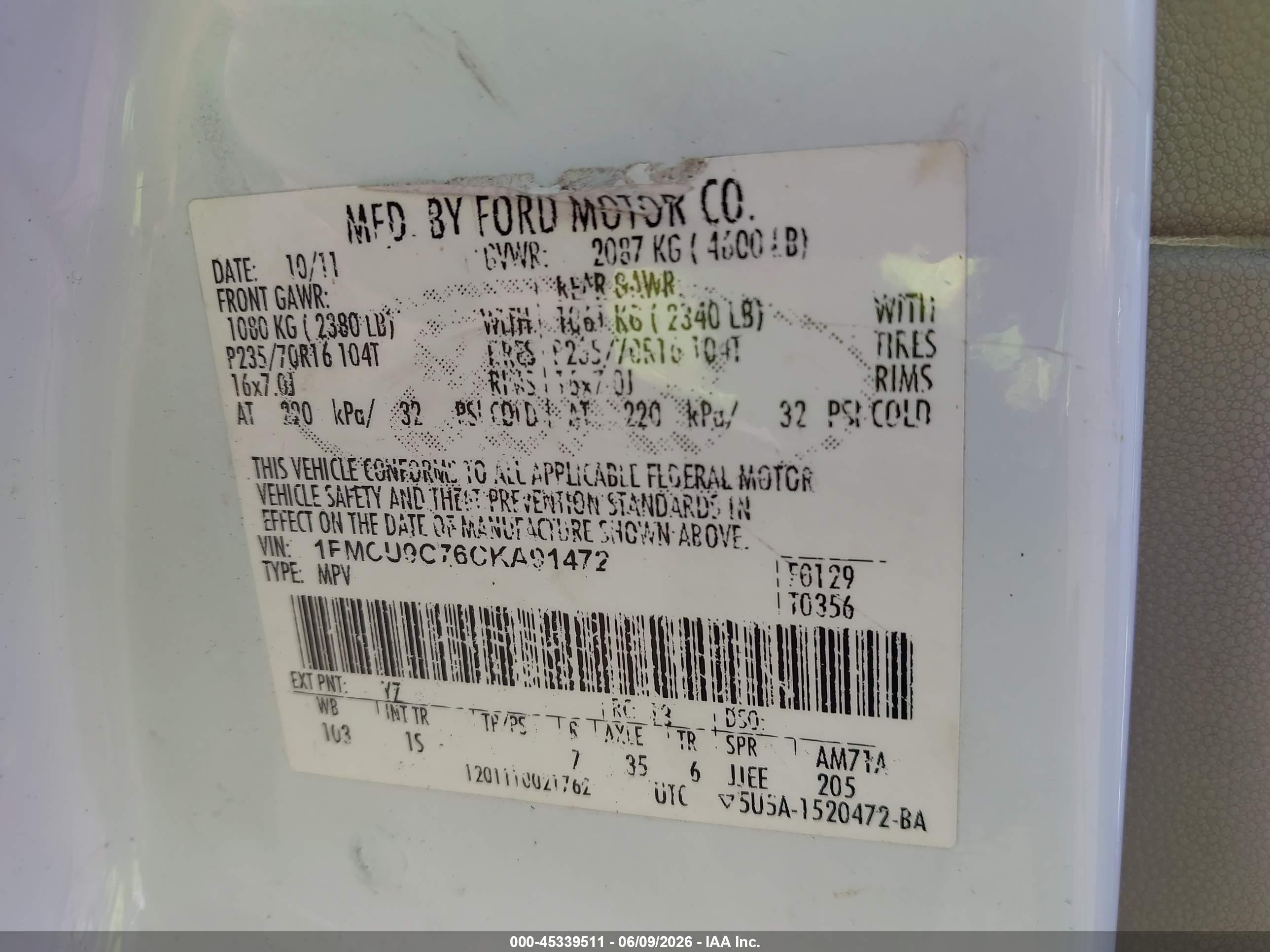 2012 Ford Escape Xls White vin: 1FMCU9C76CKA91472