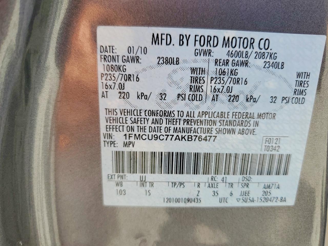2010 Ford Escape Xls Charcoal vin: 1FMCU9C77AKB76477