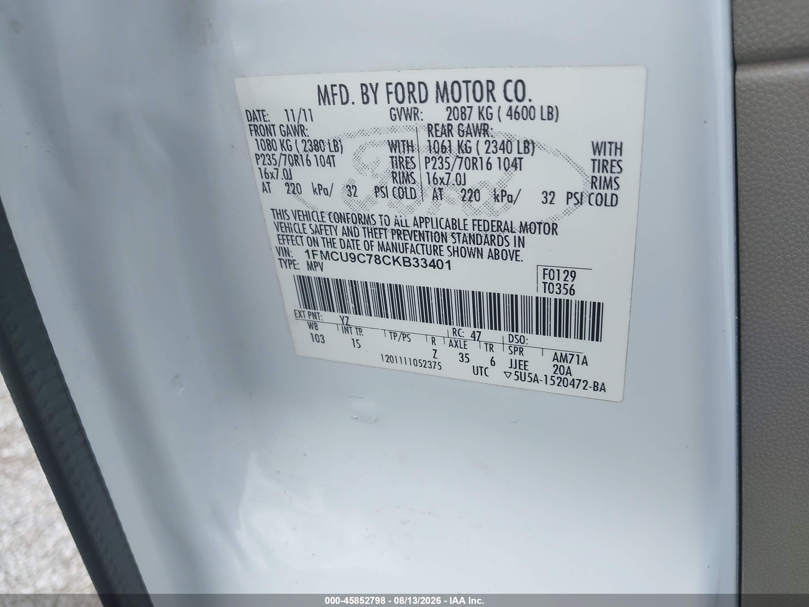 2012 Ford Escape Xls White vin: 1FMCU9C78CKB33401