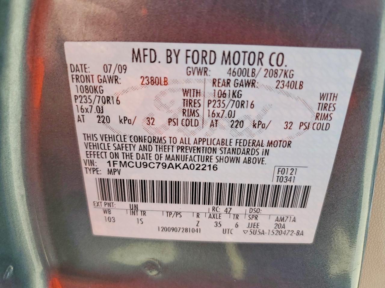 2010 Ford Escape Xls Blue vin: 1FMCU9C79AKA02216