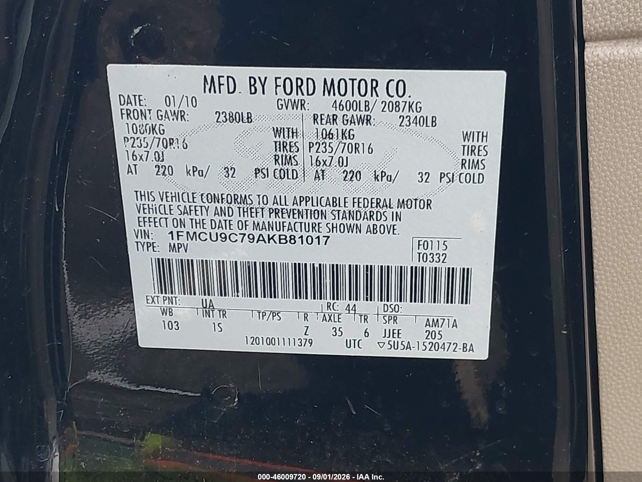 2010 Ford Escape Xls Black vin: 1FMCU9C79AKB81017