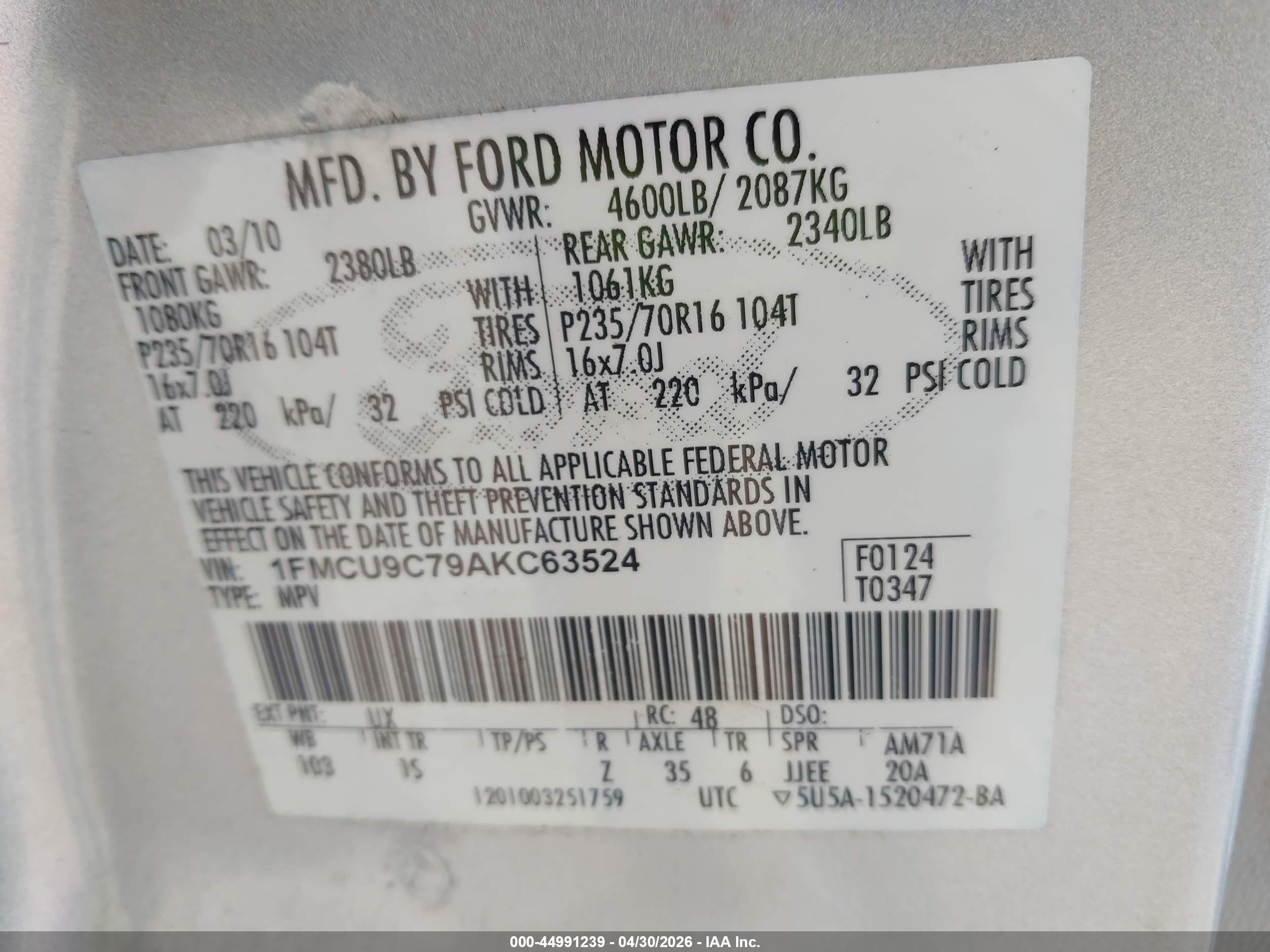 2010 Ford Escape Xls Gray vin: 1FMCU9C79AKC63524