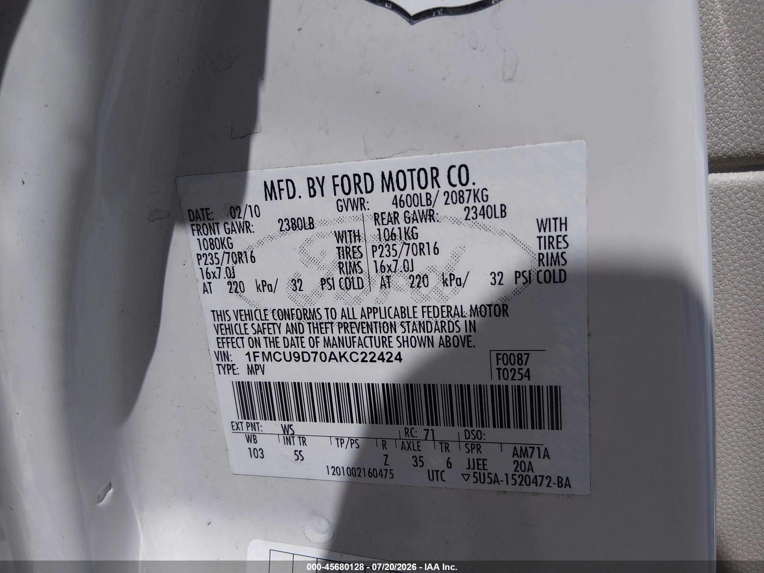 2010 Ford Escape Xlt White vin: 1FMCU9D70AKC22424