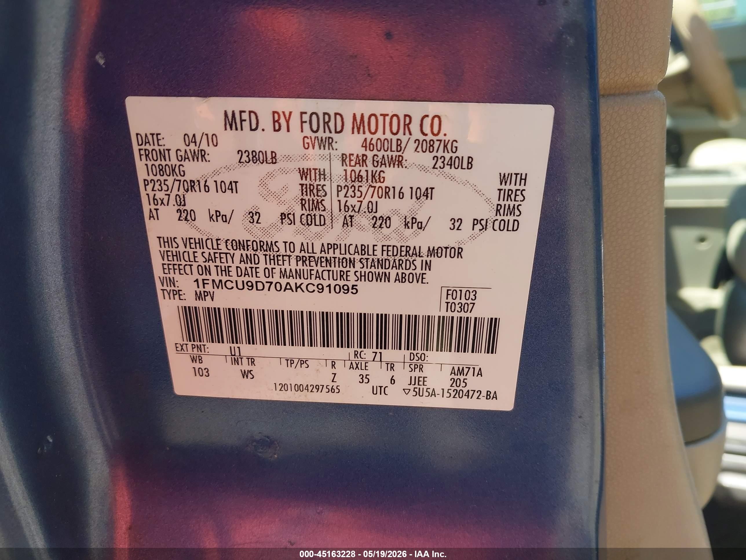 2010 Ford Escape Xlt Blue vin: 1FMCU9D70AKC91095