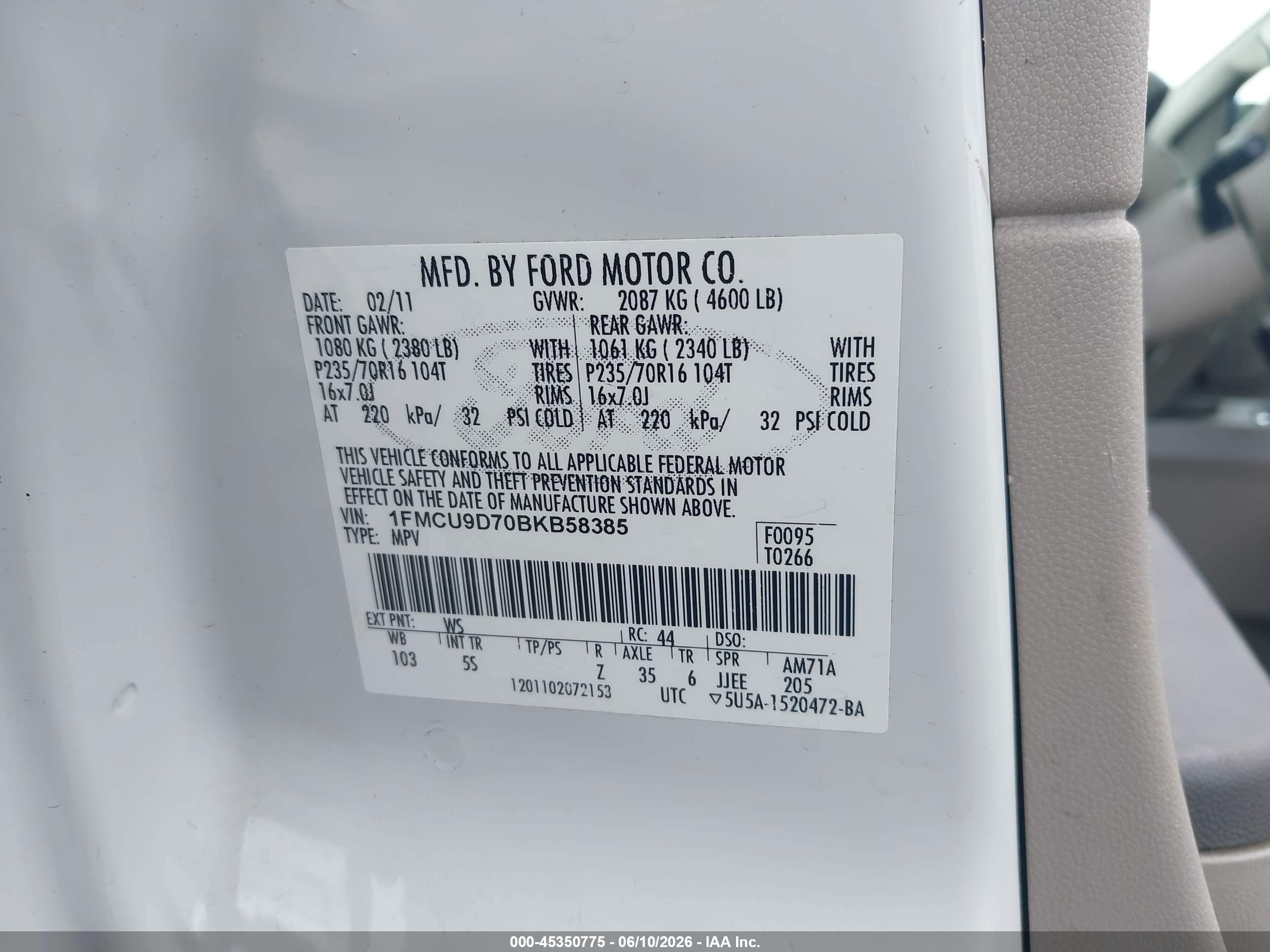 2011 Ford Escape Xlt Белый vin: 1FMCU9D70BKB58385