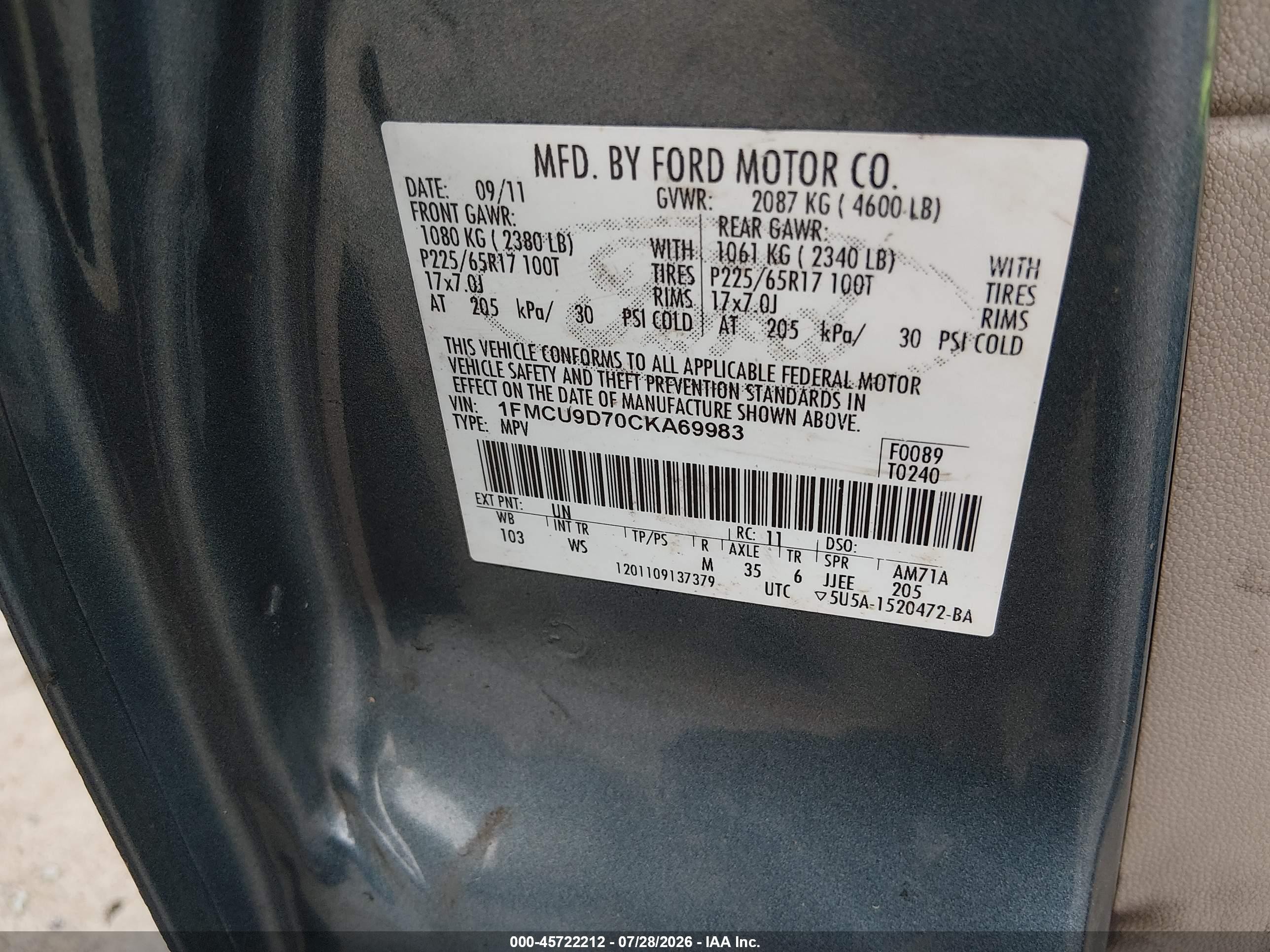 2012 Ford Escape Xlt Blue vin: 1FMCU9D70CKA69983