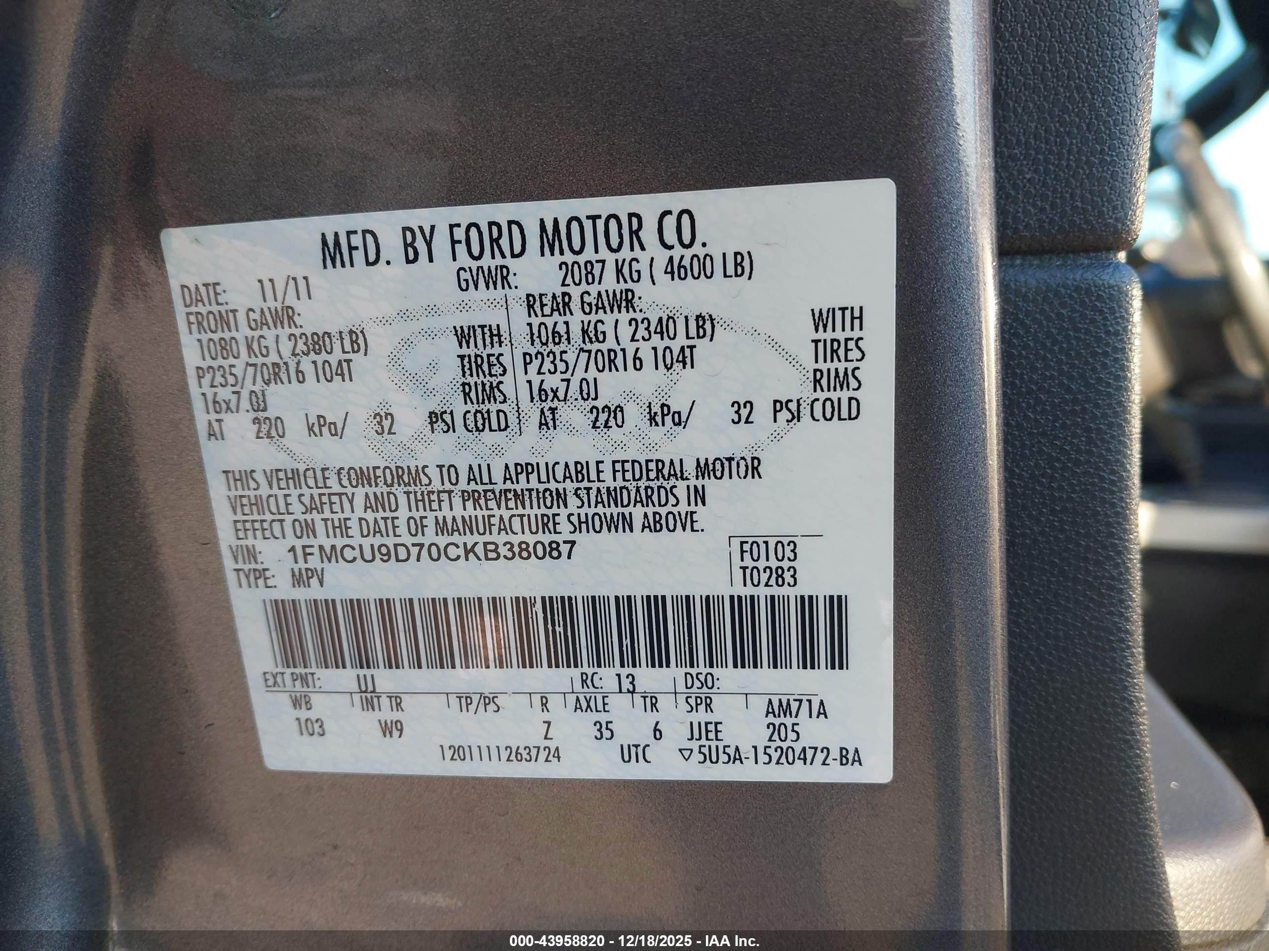 2012 Ford Escape Xlt Gray vin: 1FMCU9D70CKB38087