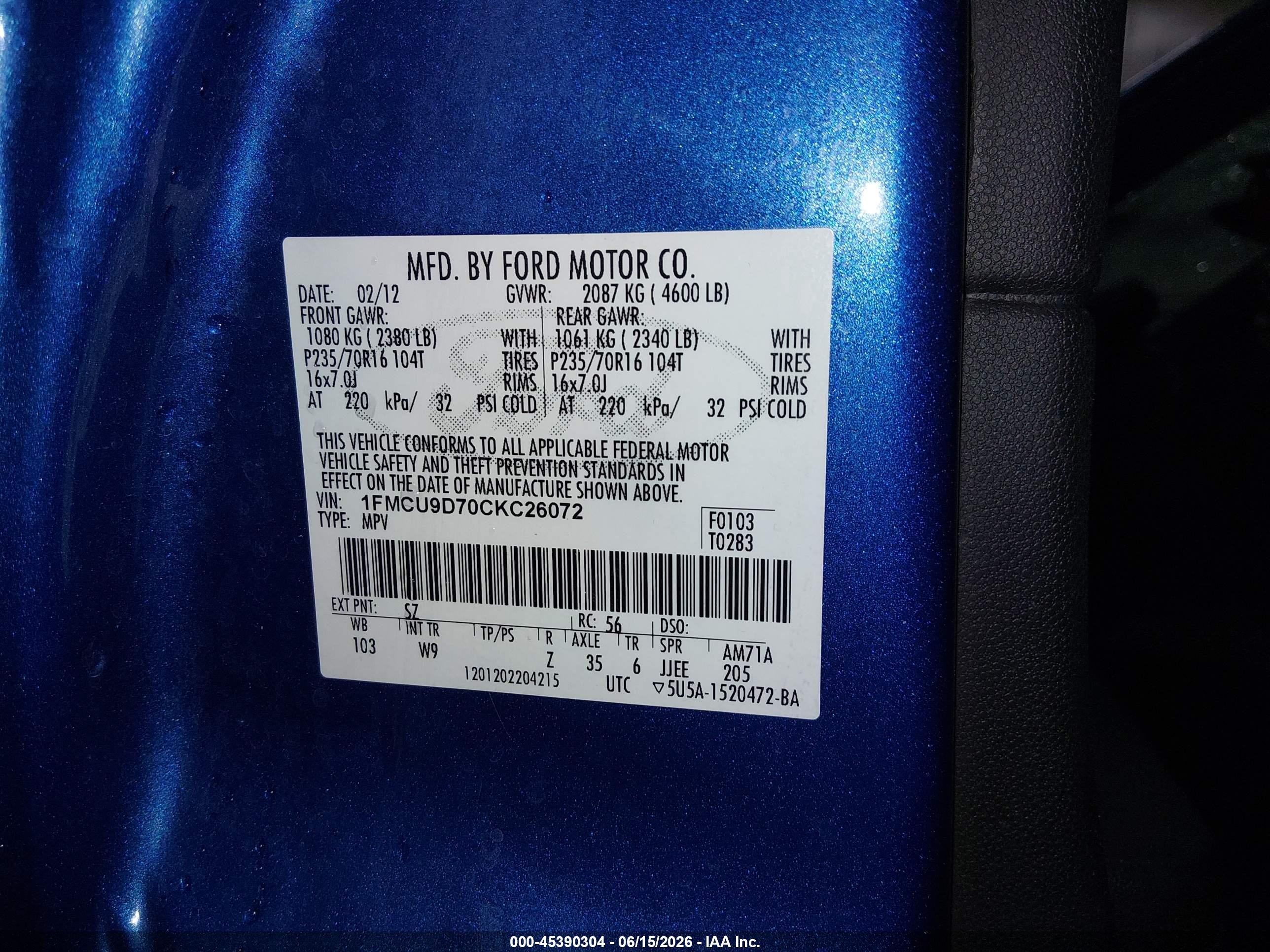 2012 Ford Escape Xlt Blue vin: 1FMCU9D70CKC26072