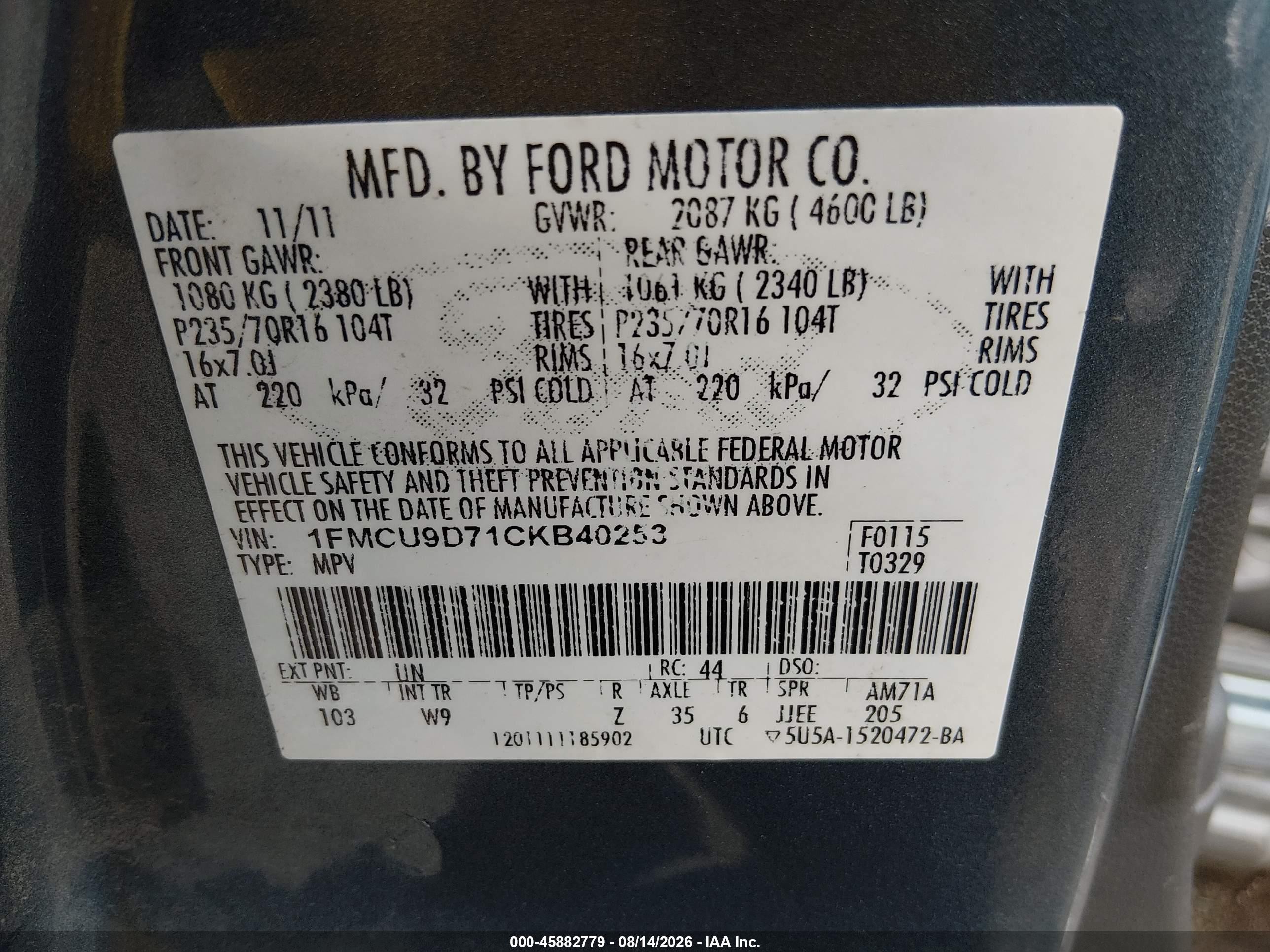 2012 Ford Escape Xlt Blue vin: 1FMCU9D71CKB40253