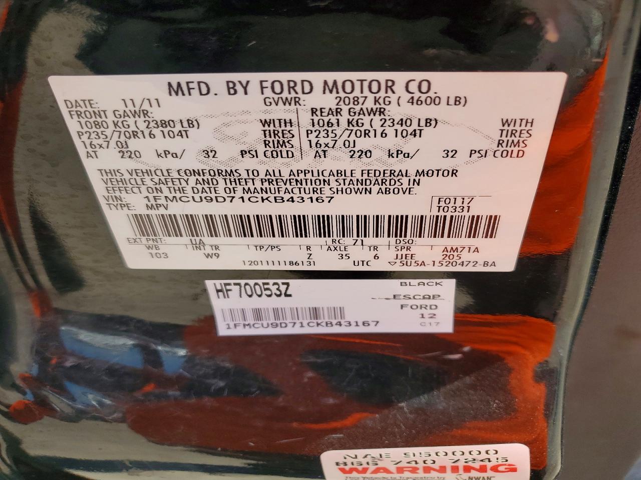 2012 Ford Escape Xlt Black vin: 1FMCU9D71CKB43167