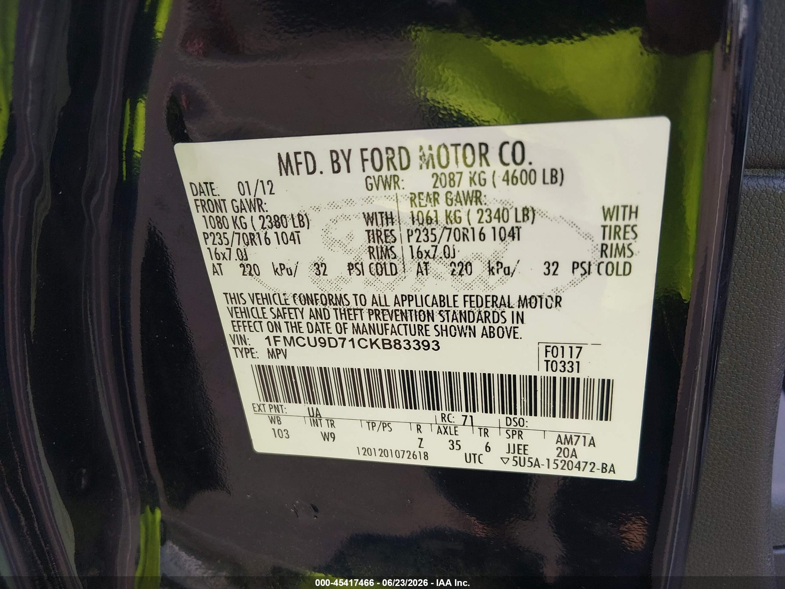 2012 Ford Escape Xlt Black vin: 1FMCU9D71CKB83393