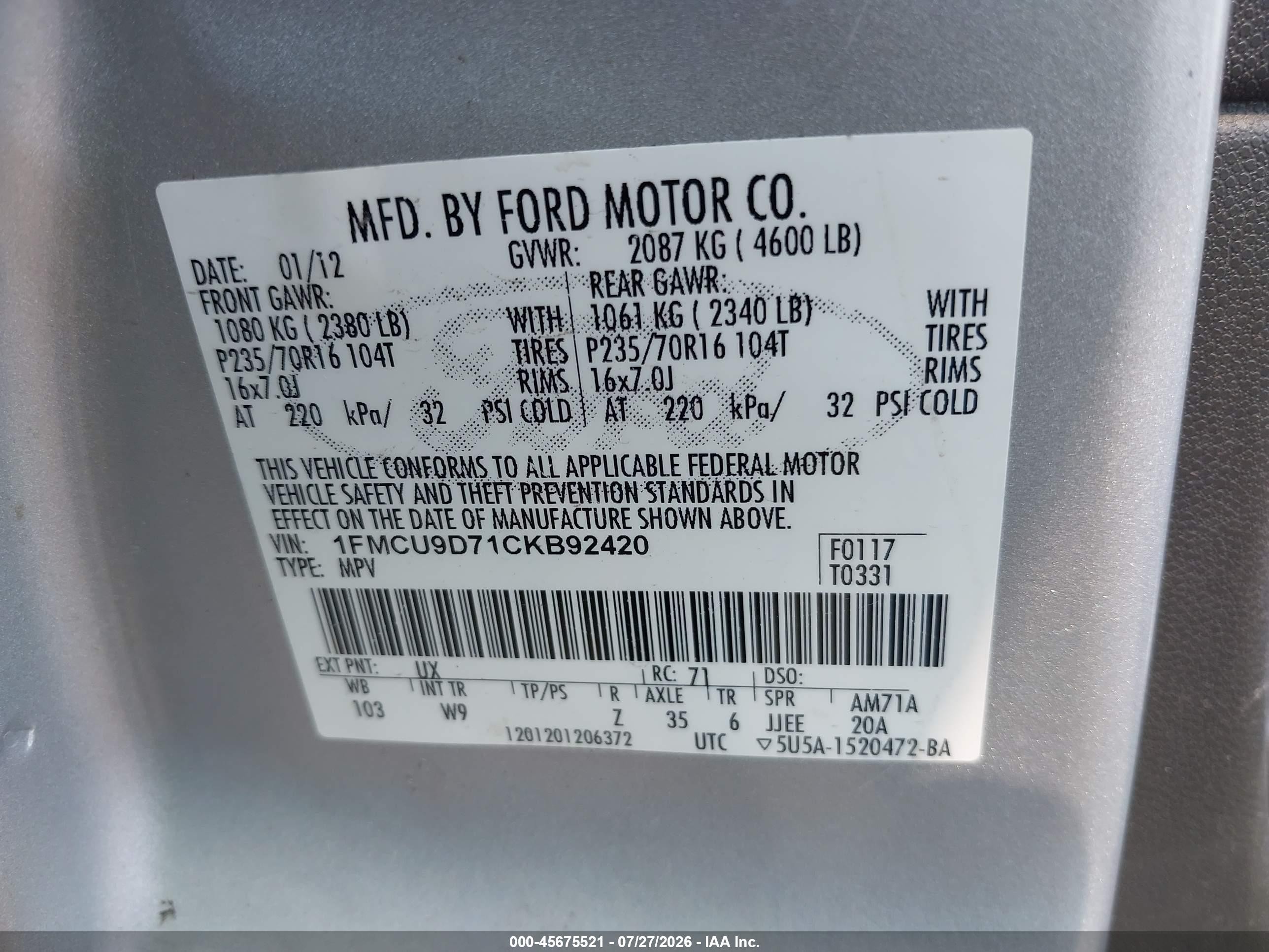 2012 Ford Escape Xlt Silver vin: 1FMCU9D71CKB92420
