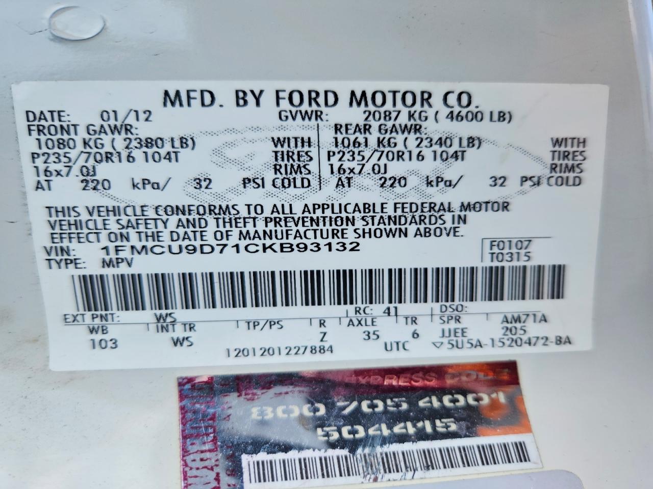 2012 Ford Escape Xlt Белый vin: 1FMCU9D71CKB93132
