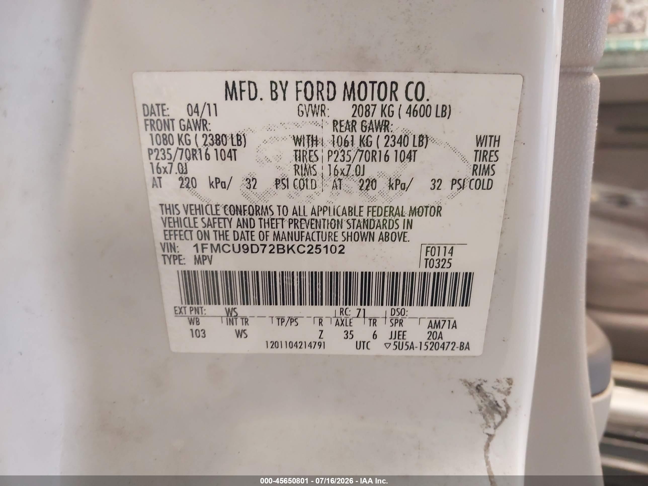2011 Ford Escape Xlt White vin: 1FMCU9D72BKC25102