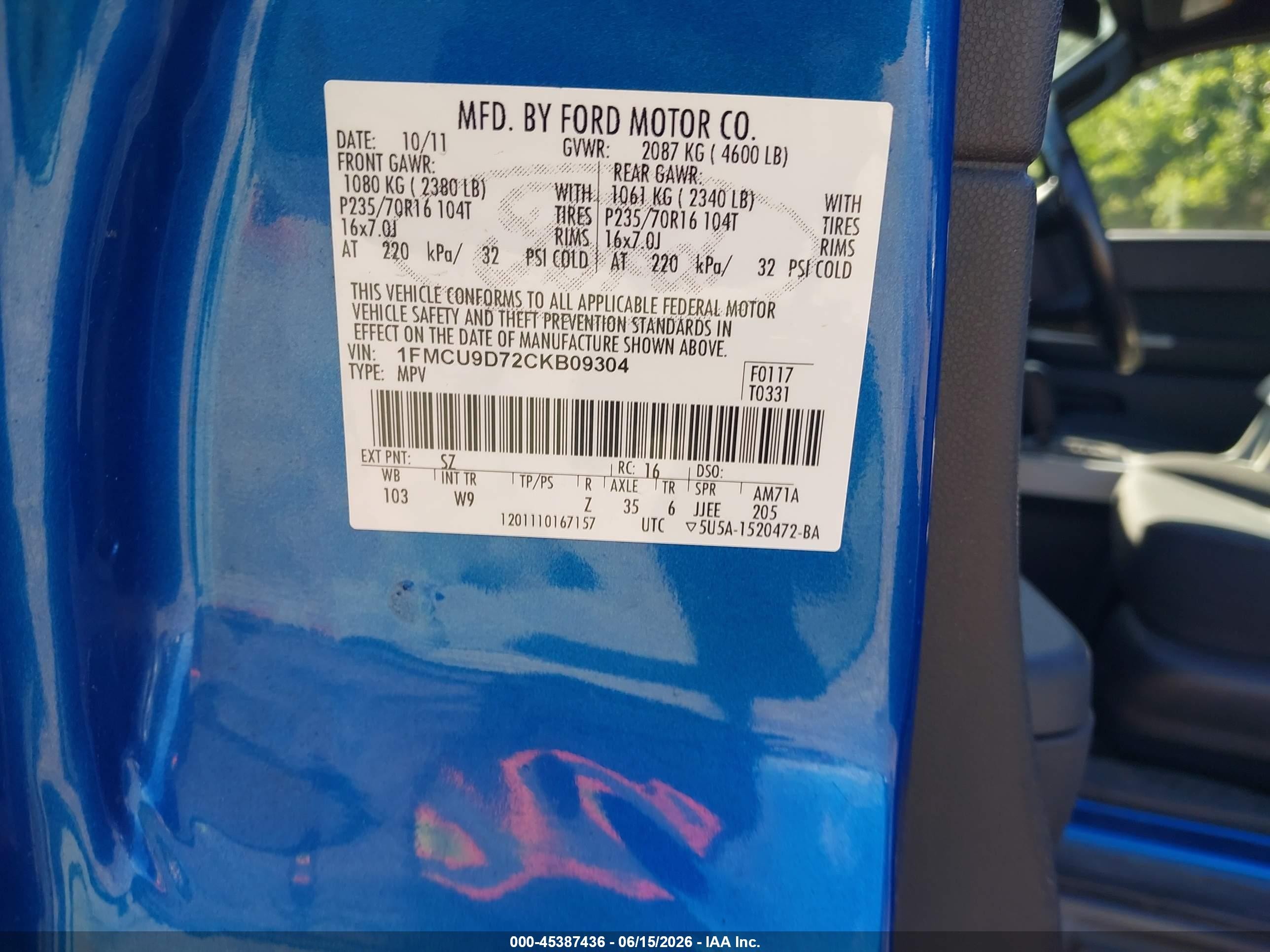 2012 Ford Escape Xlt Blue vin: 1FMCU9D72CKB09304