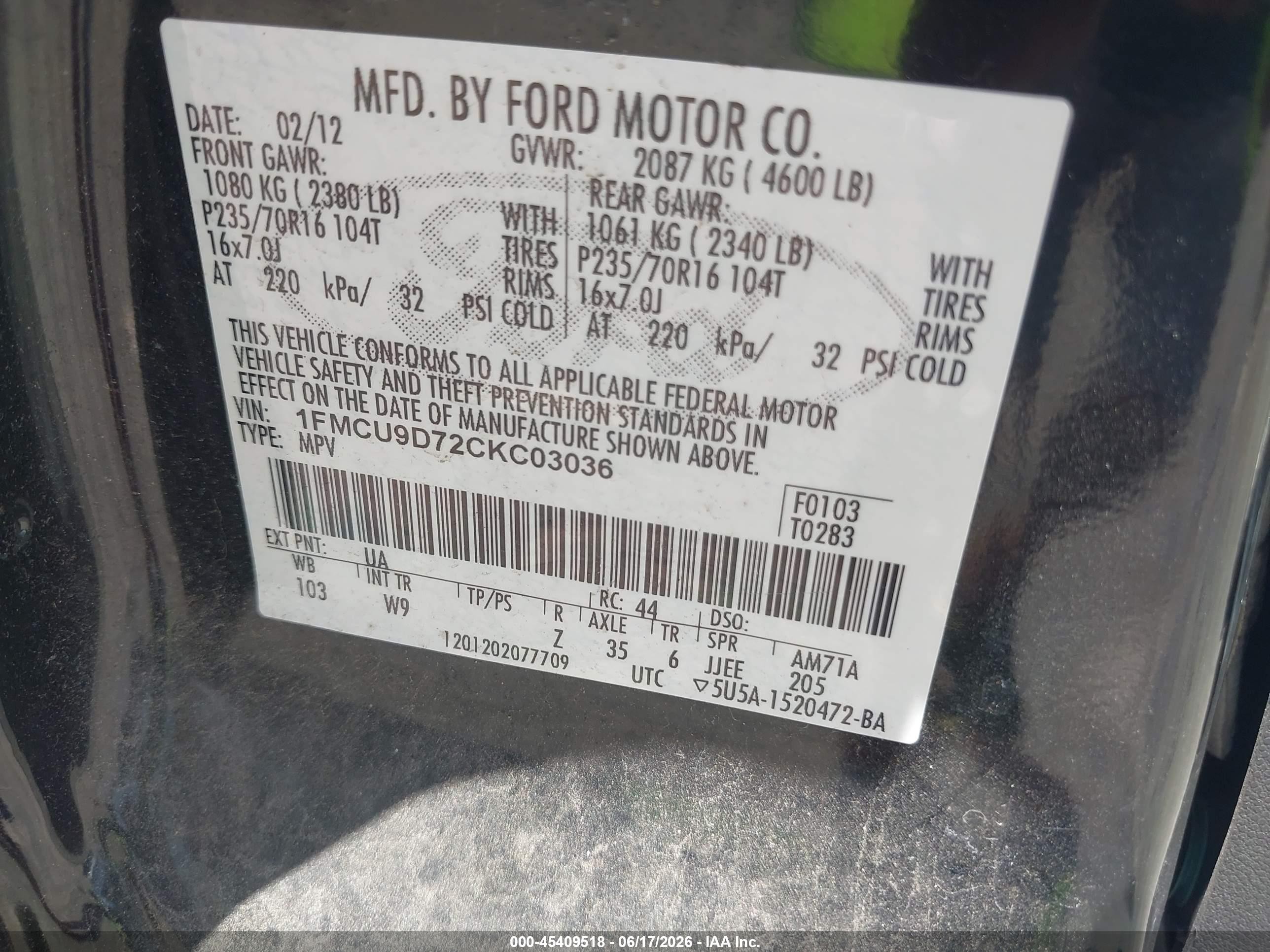 2012 Ford Escape Xlt Black vin: 1FMCU9D72CKC03036