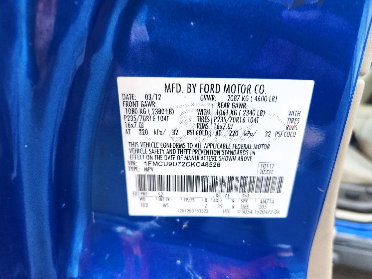 2012 Ford Escape Xlt Blue vin: 1FMCU9D72CKC48526