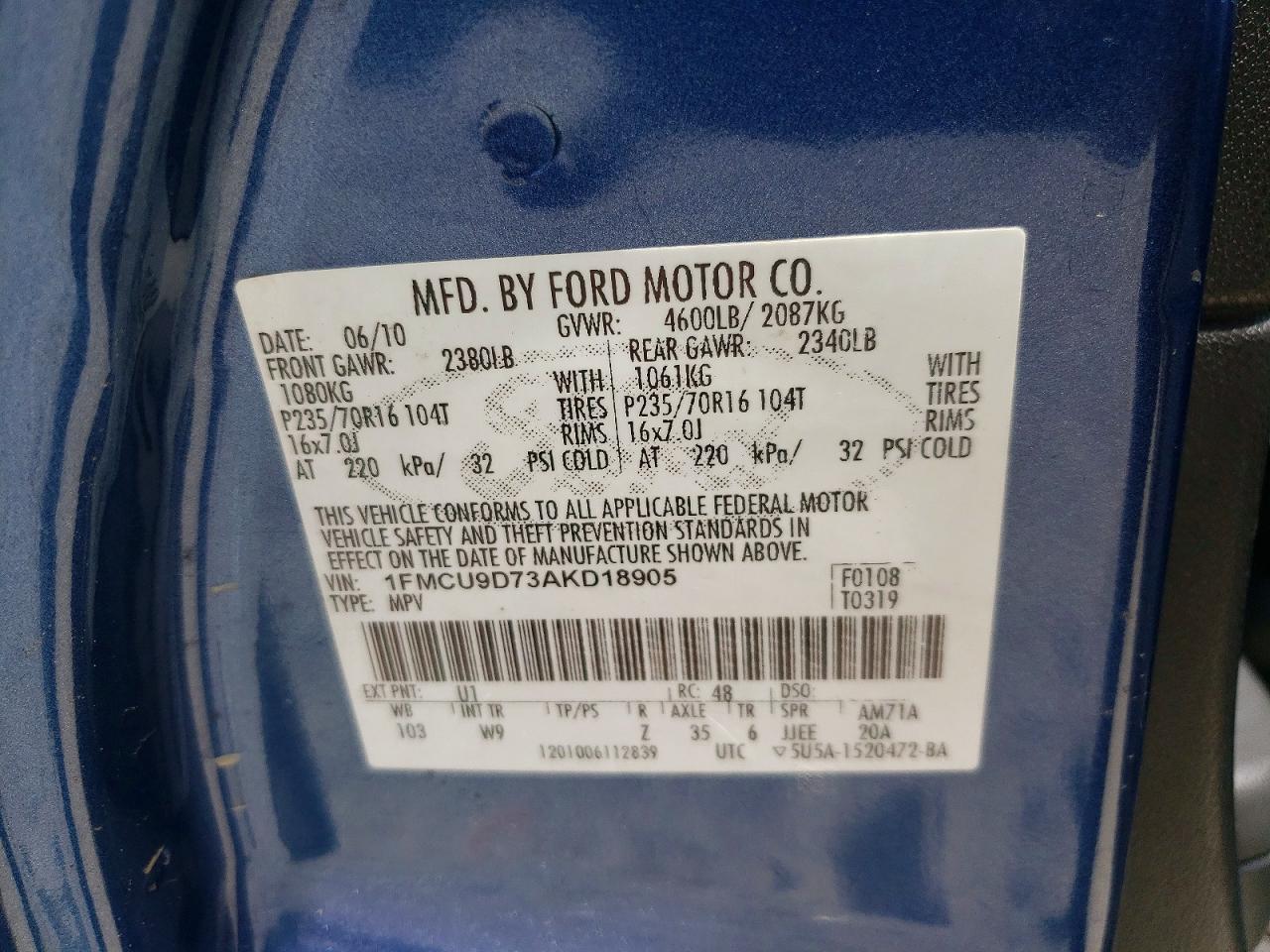 2010 Ford Escape Xlt Синий vin: 1FMCU9D73AKD18905