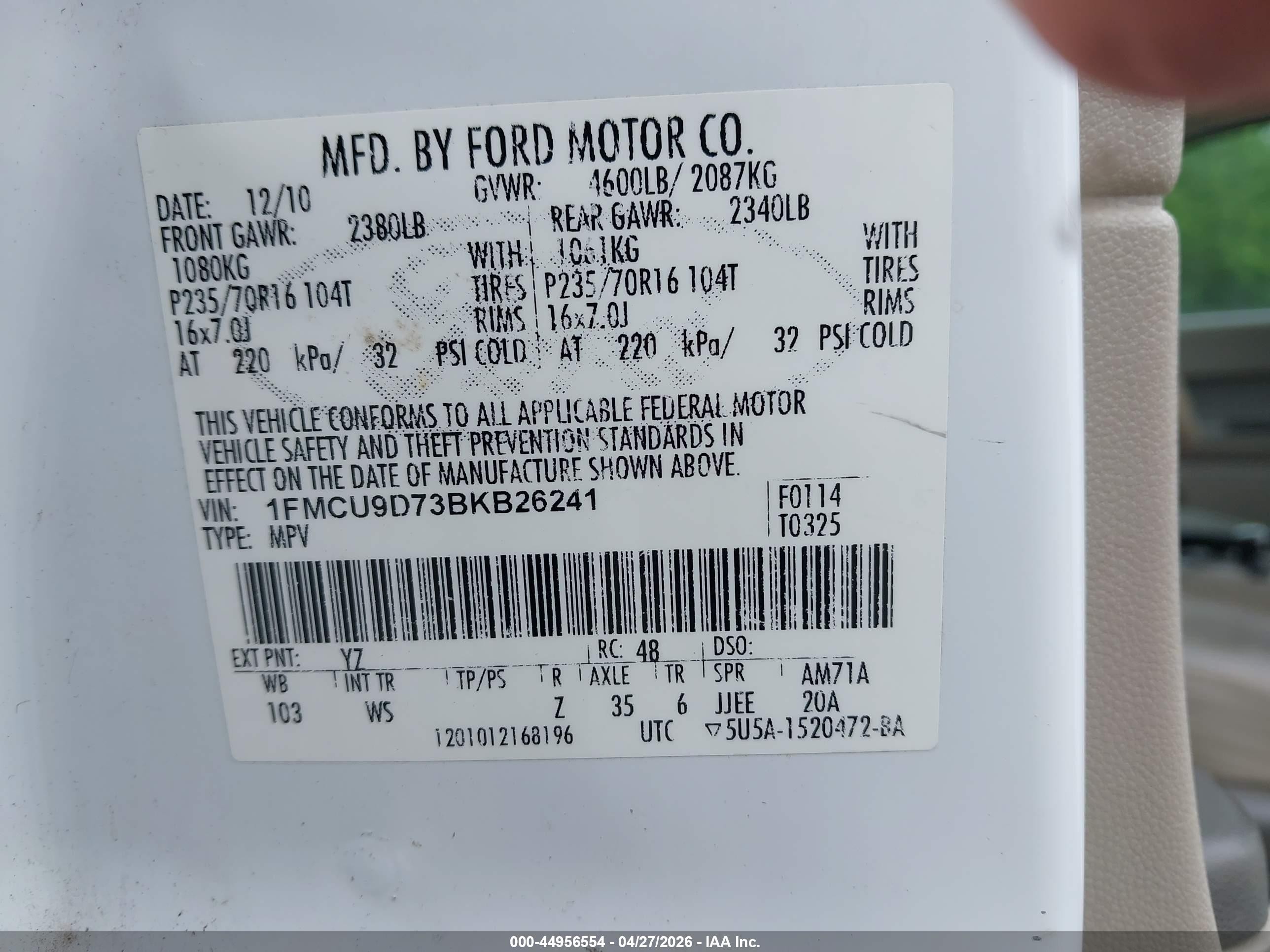2011 Ford Escape Xlt White vin: 1FMCU9D73BKB26241