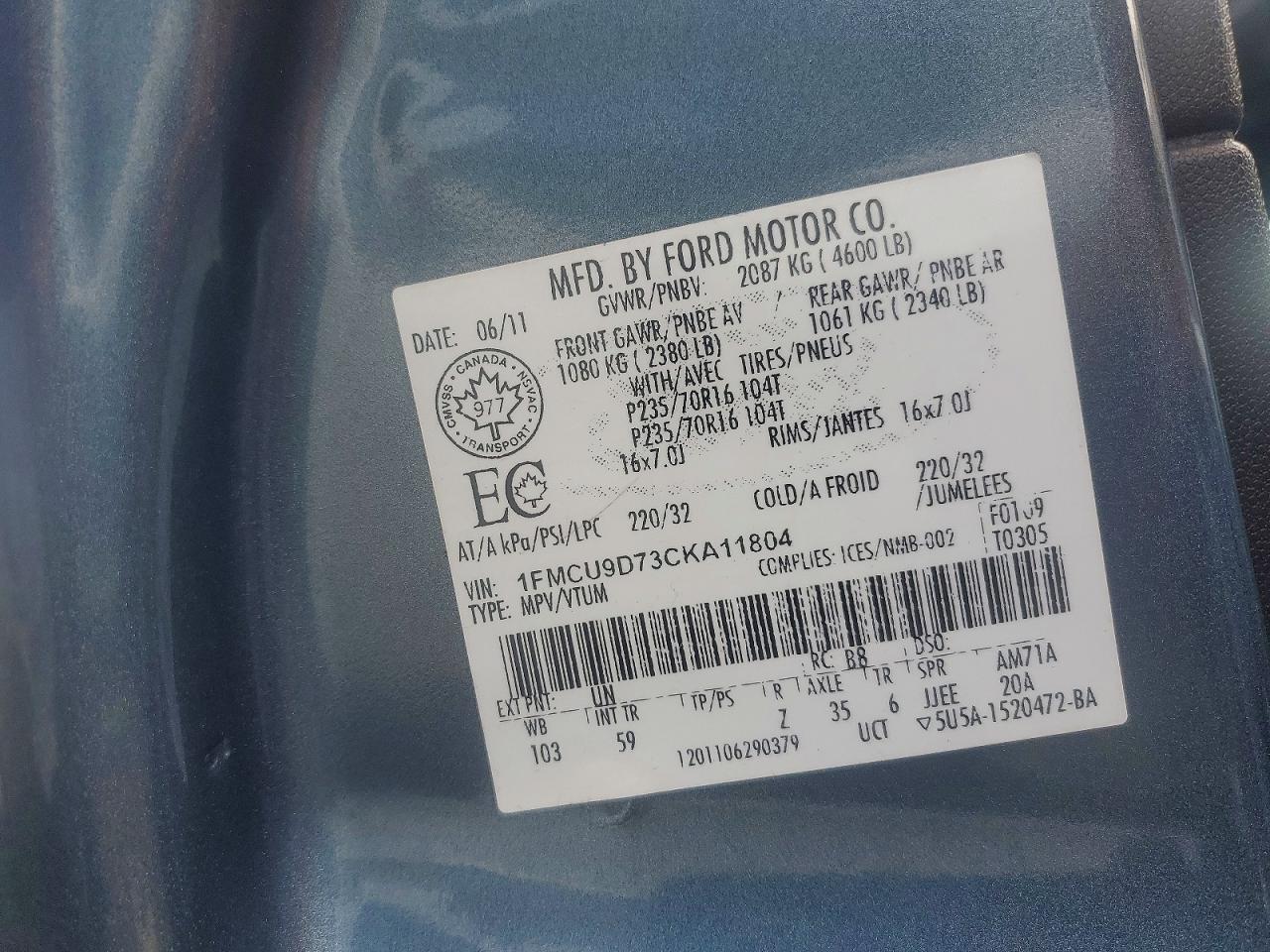 2012 Ford Escape Xlt Blue vin: 1FMCU9D73CKA11804