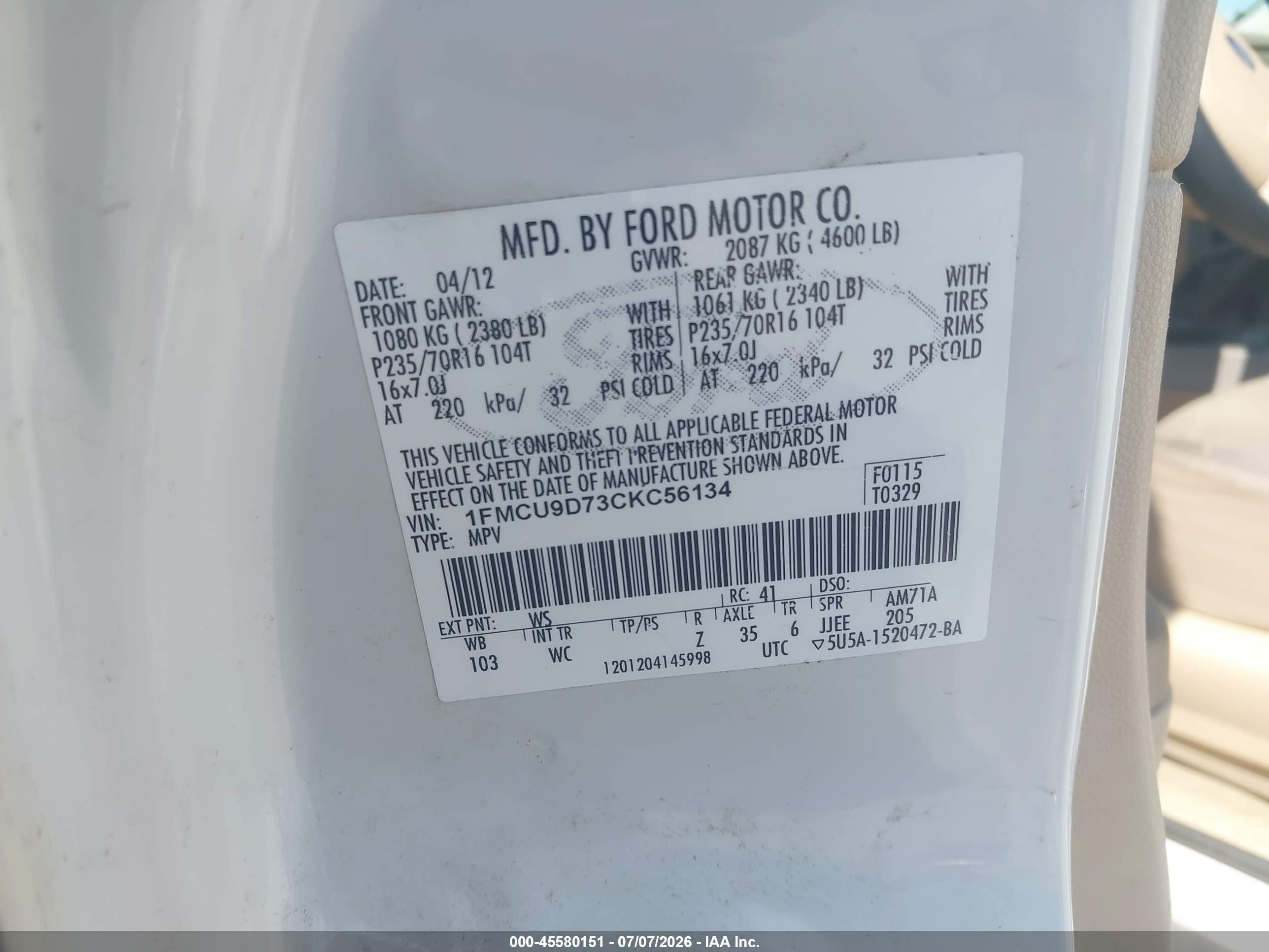 2012 Ford Escape Xlt Белый vin: 1FMCU9D73CKC56134