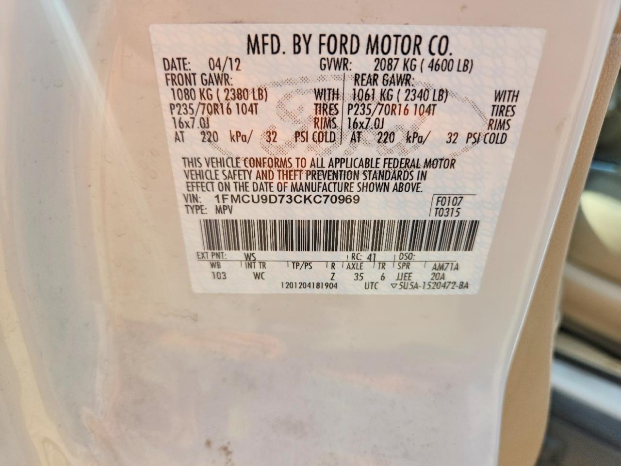 2012 Ford Escape Xlt White vin: 1FMCU9D73CKC70969