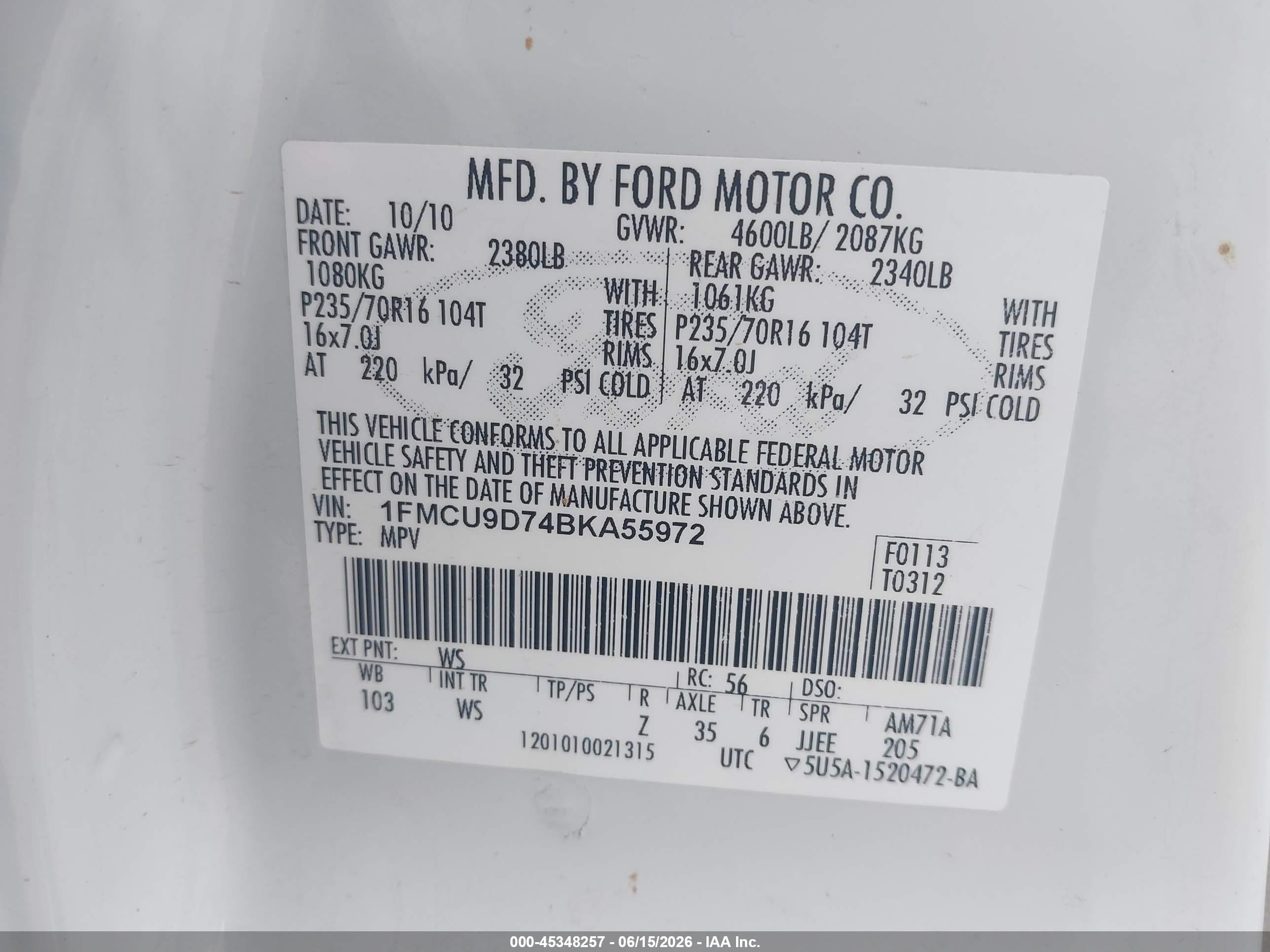 2011 Ford Escape Xlt White vin: 1FMCU9D74BKA55972