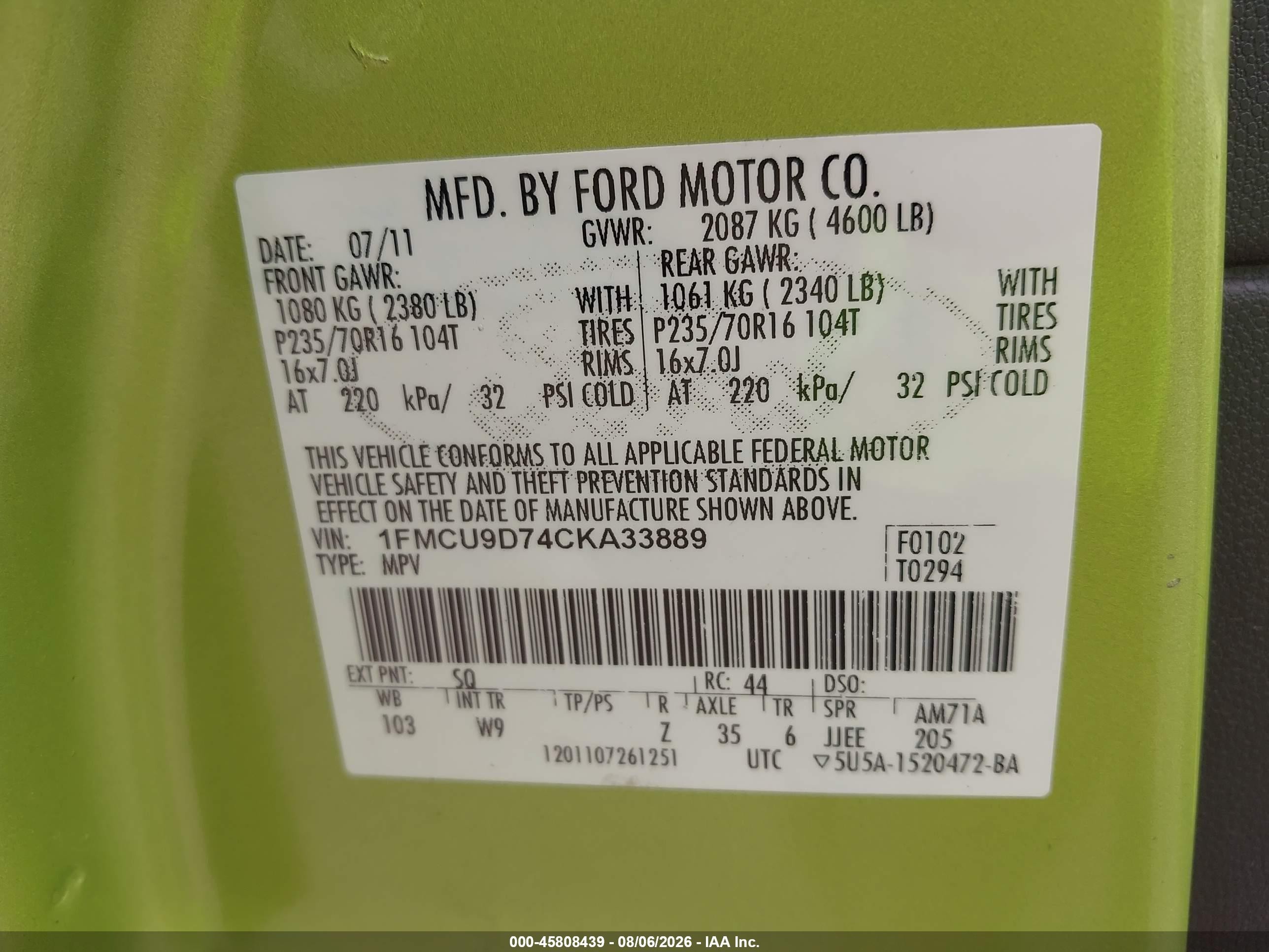 2012 Ford Escape Xlt Green vin: 1FMCU9D74CKA33889