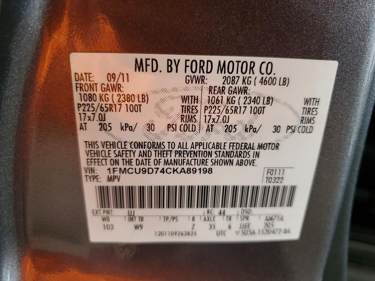 2012 Ford Escape Xlt Charcoal vin: 1FMCU9D74CKA89198