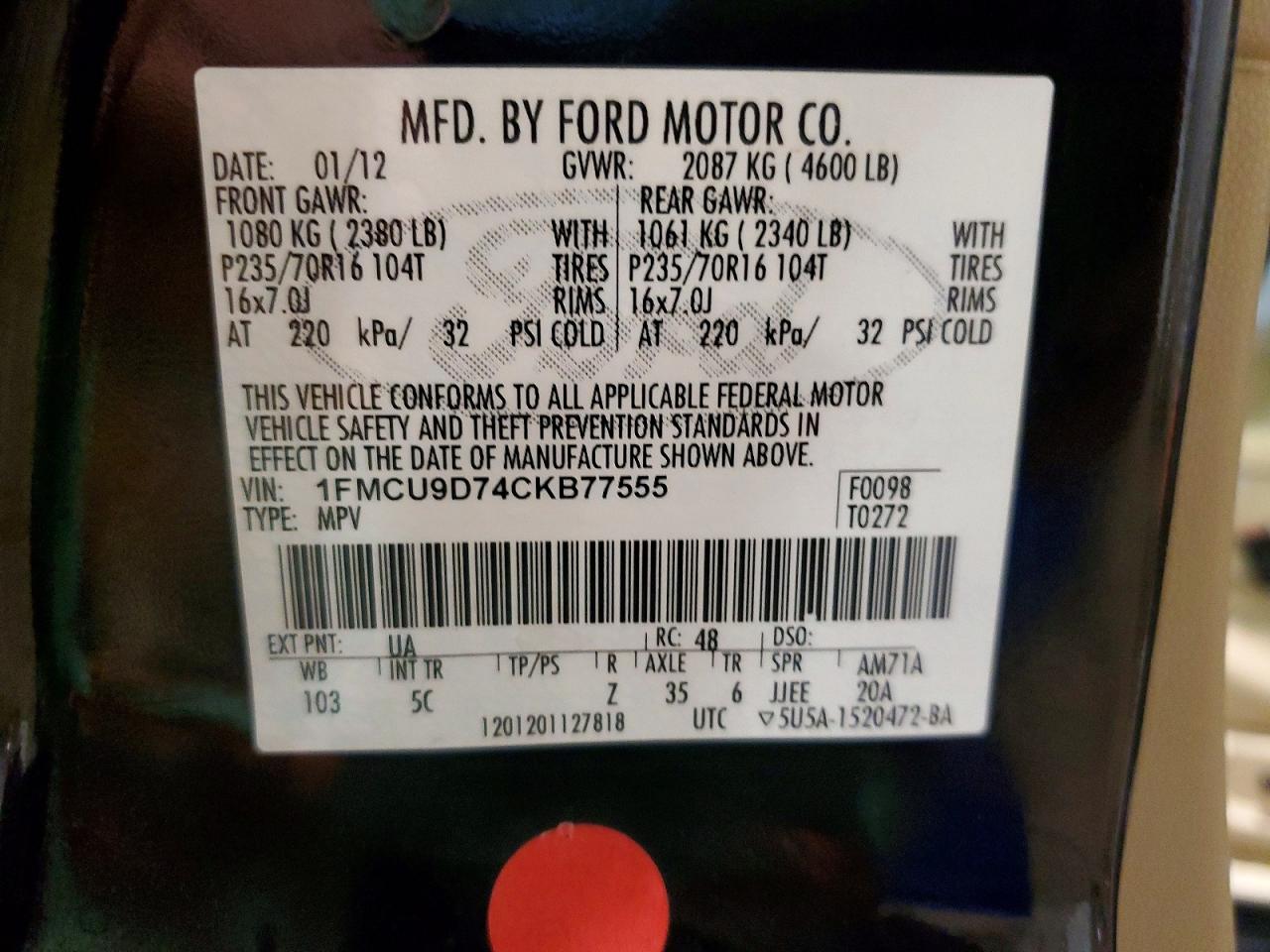 2012 Ford Escape Xlt Черный vin: 1FMCU9D74CKB77555