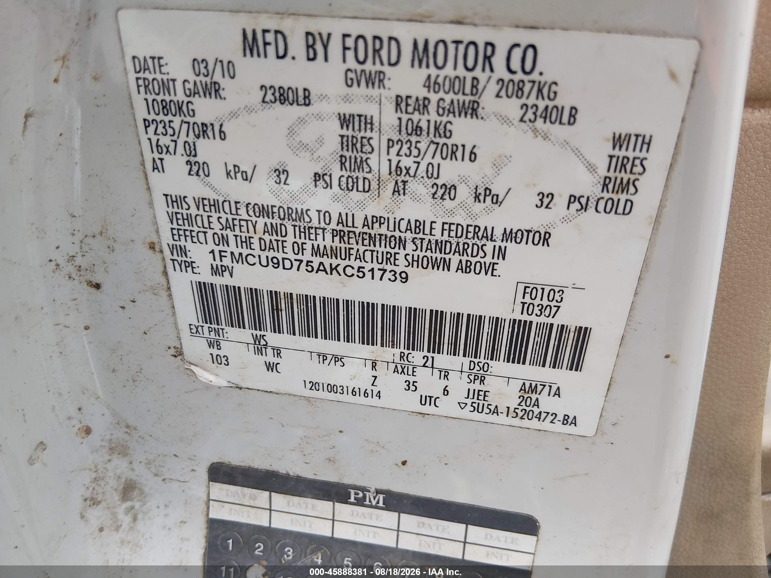 2010 Ford Escape Xlt White vin: 1FMCU9D75AKC51739