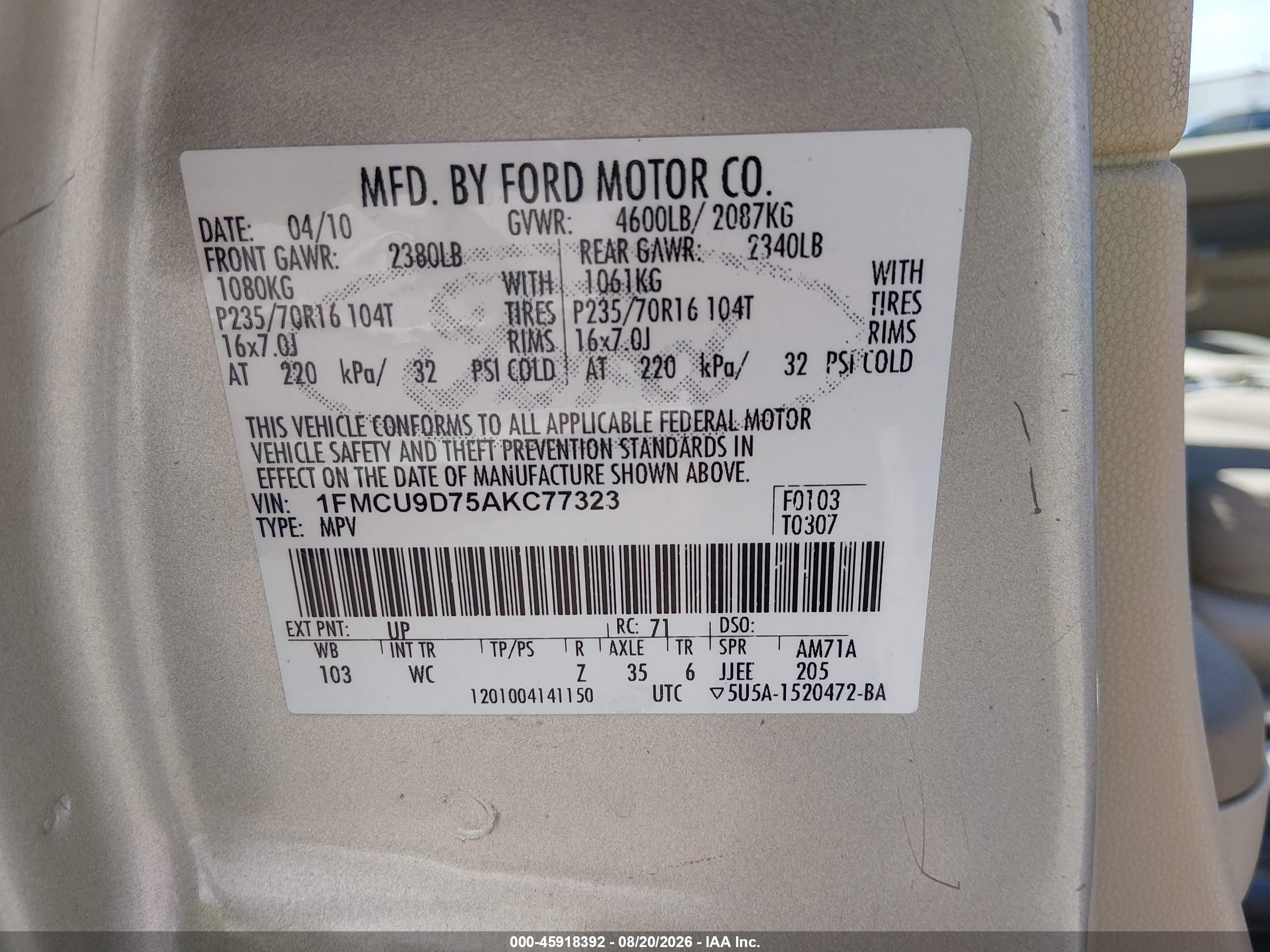 2010 Ford Escape Xlt Champagne vin: 1FMCU9D75AKC77323