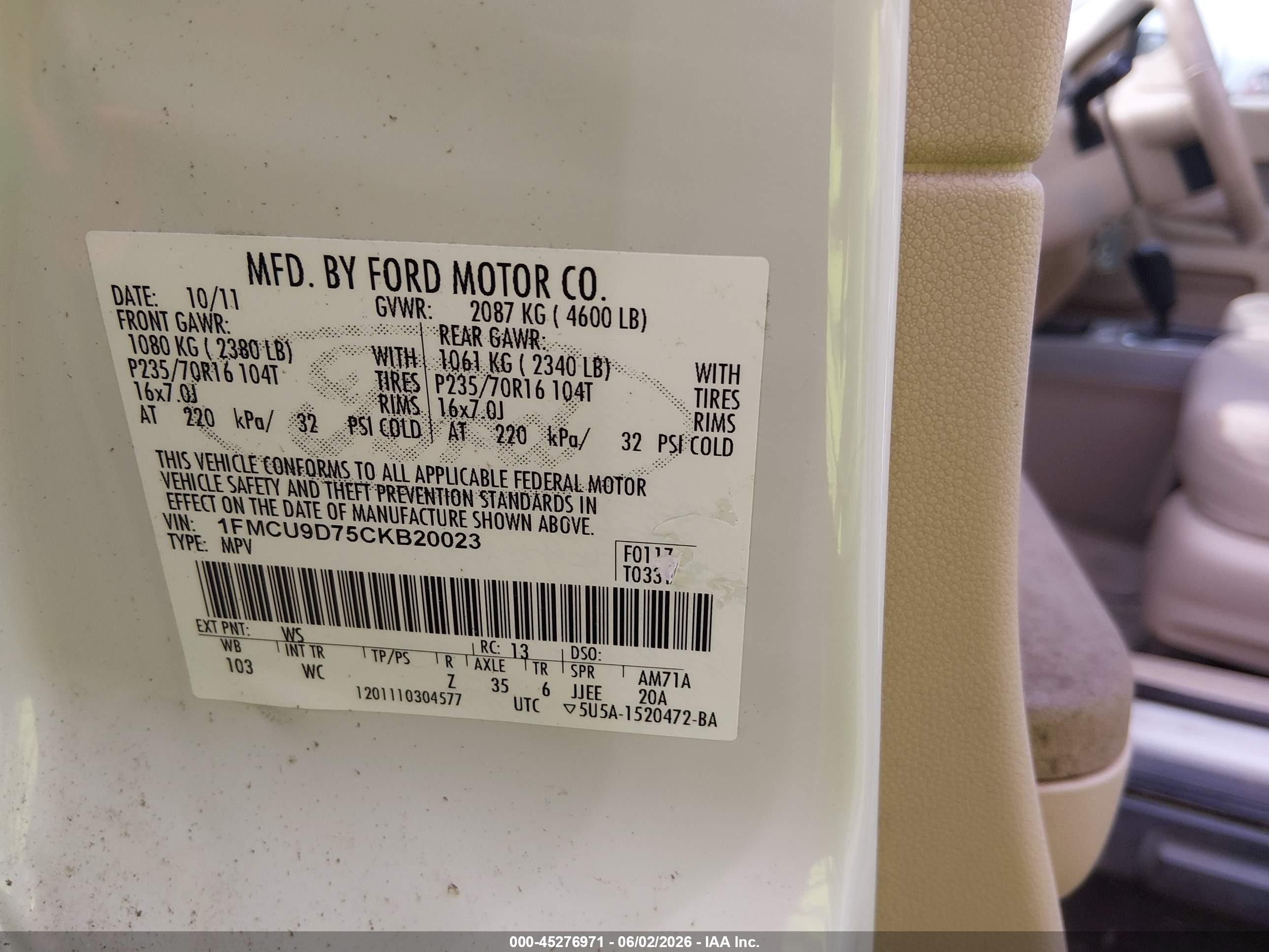 2012 Ford Escape Xlt White vin: 1FMCU9D75CKB20023