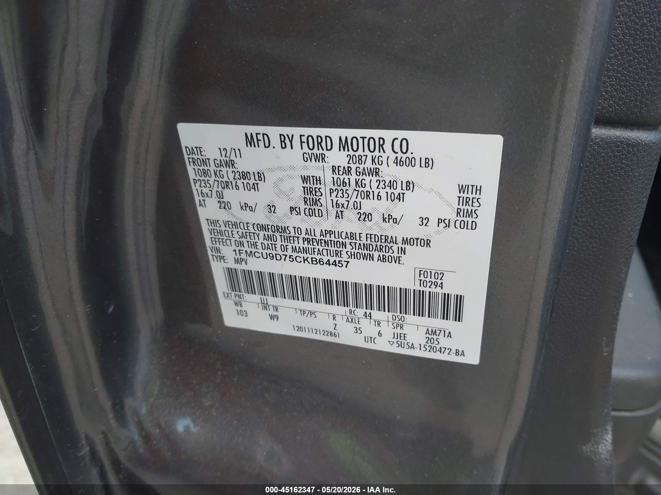 2012 Ford Escape Xlt Black vin: 1FMCU9D75CKB64457