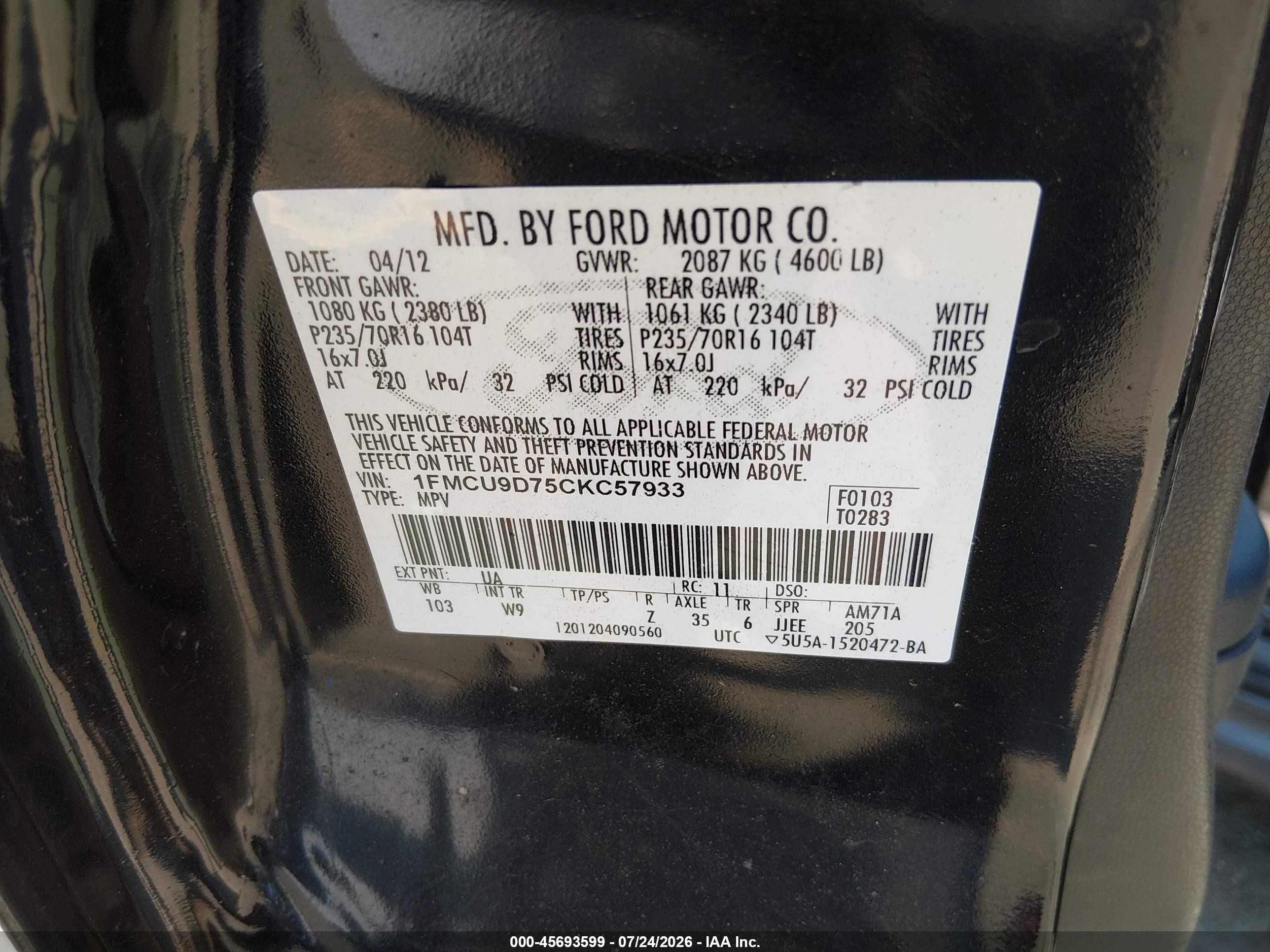 2012 Ford Escape Xlt Black vin: 1FMCU9D75CKC57933
