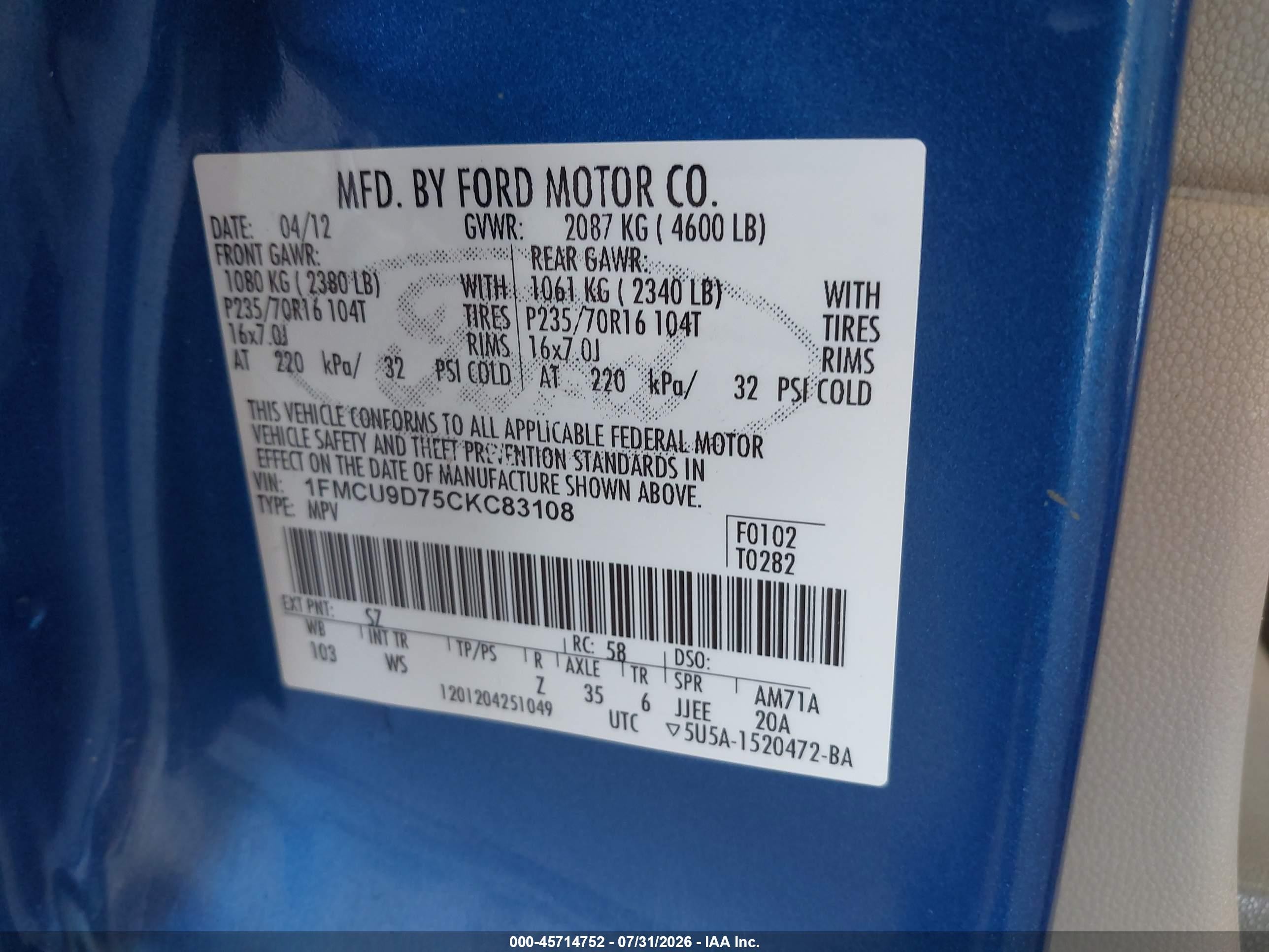 2012 Ford Escape Xlt Blue vin: 1FMCU9D75CKC83108
