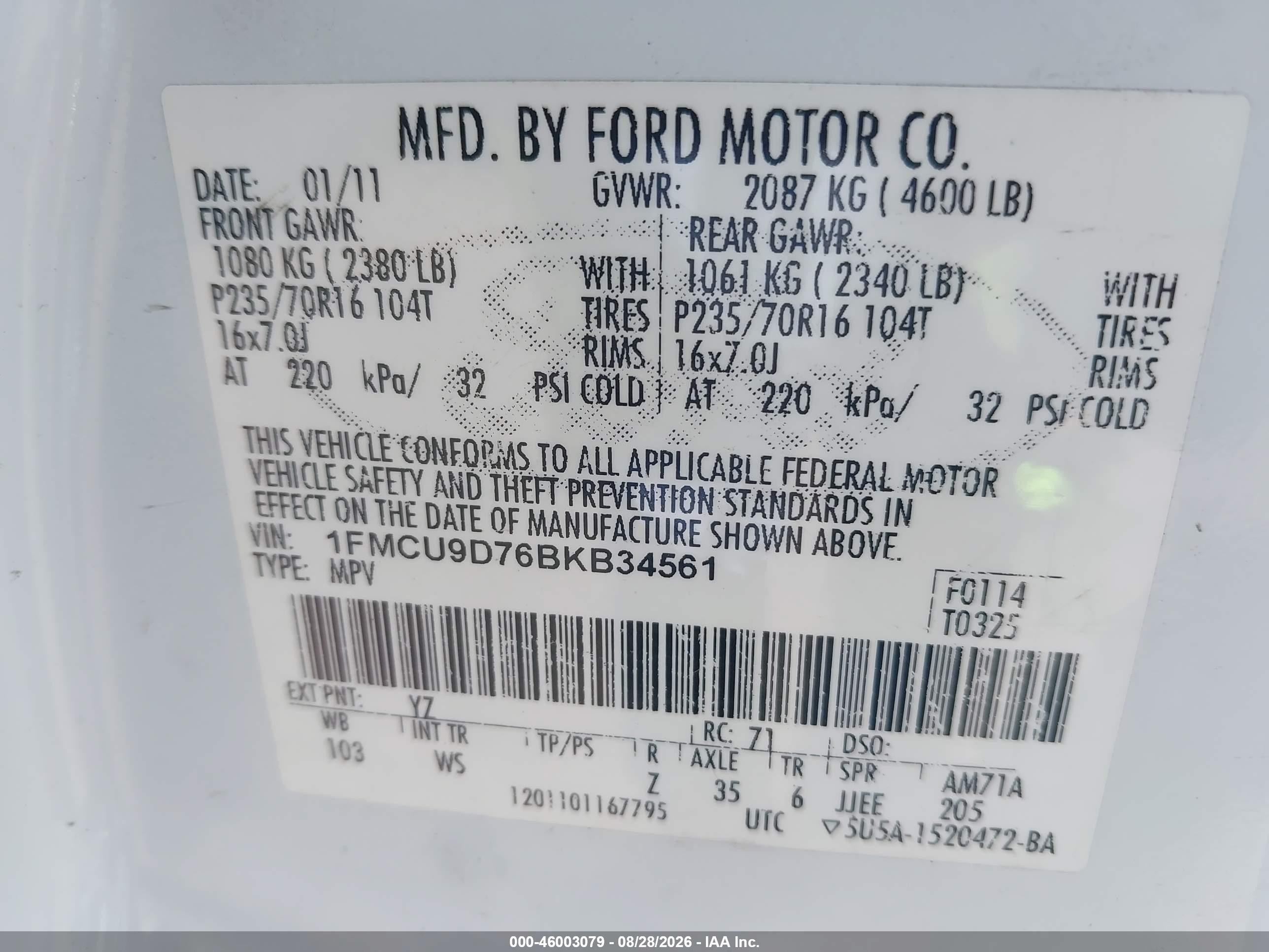2011 Ford Escape Xlt White vin: 1FMCU9D76BKB34561