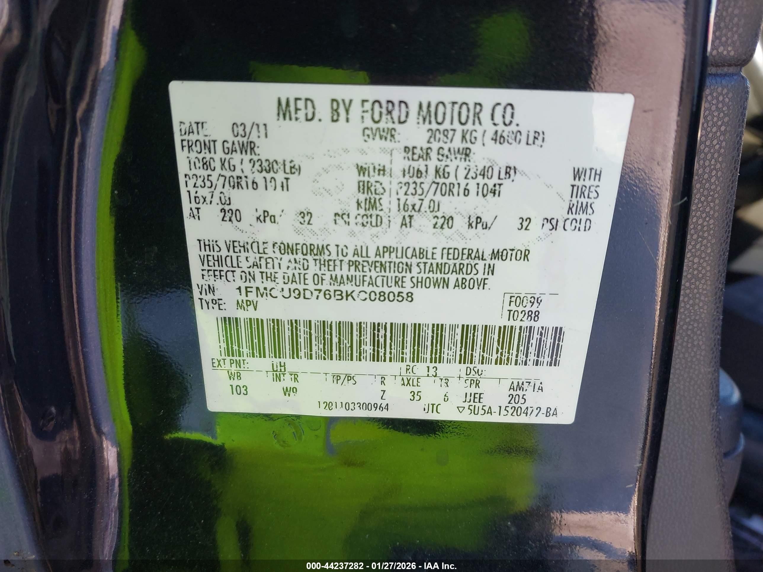 2011 Ford Escape Xlt Black vin: 1FMCU9D76BKC08058