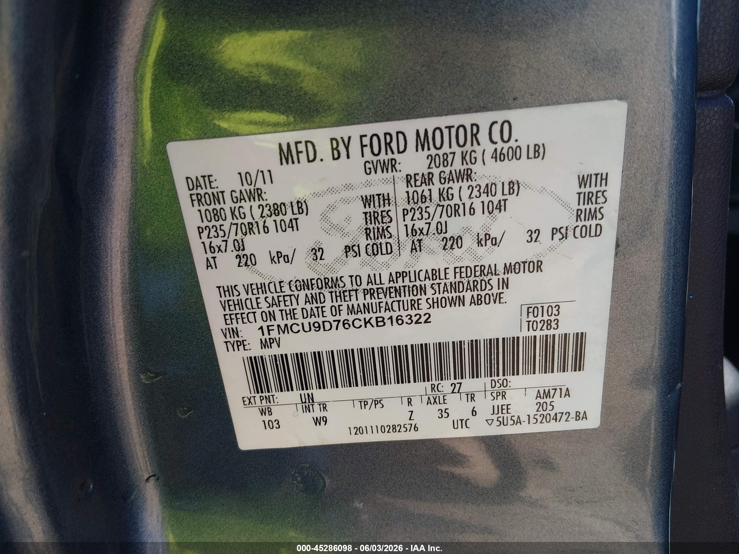 2012 Ford Escape Xlt Light Blue vin: 1FMCU9D76CKB16322
