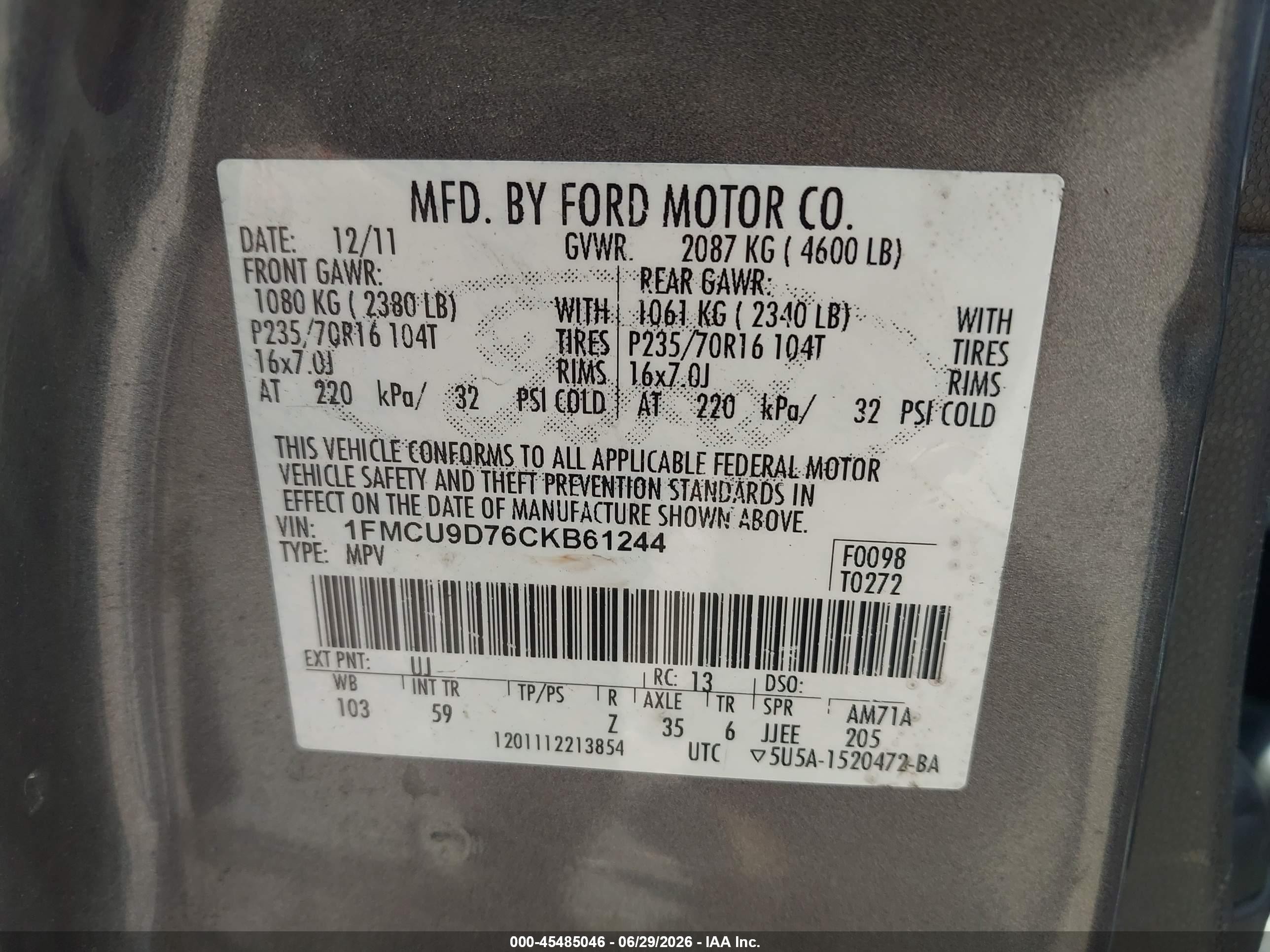 2012 Ford Escape Xlt Gray vin: 1FMCU9D76CKB61244