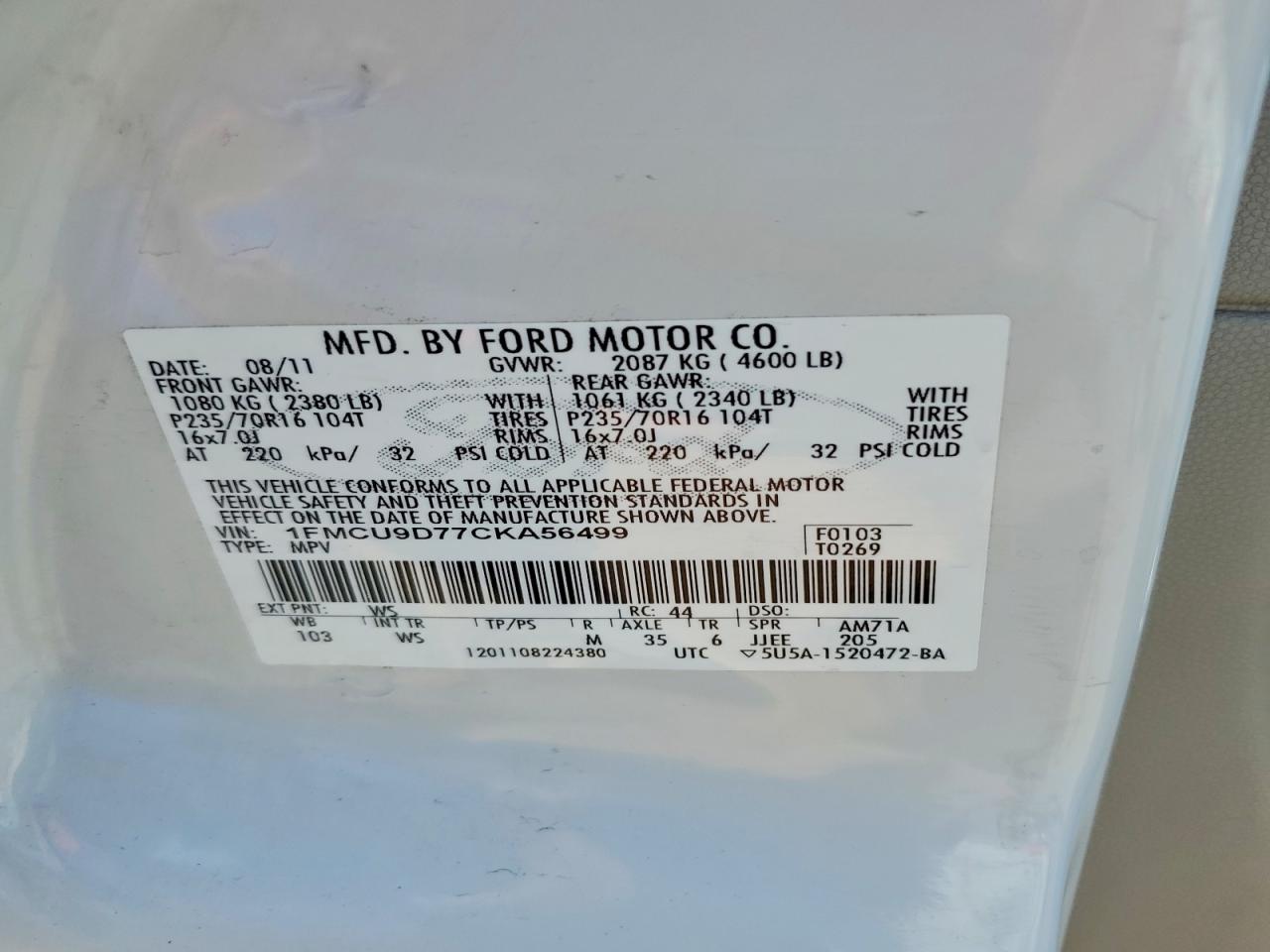 2012 Ford Escape Xlt White vin: 1FMCU9D77CKA56499