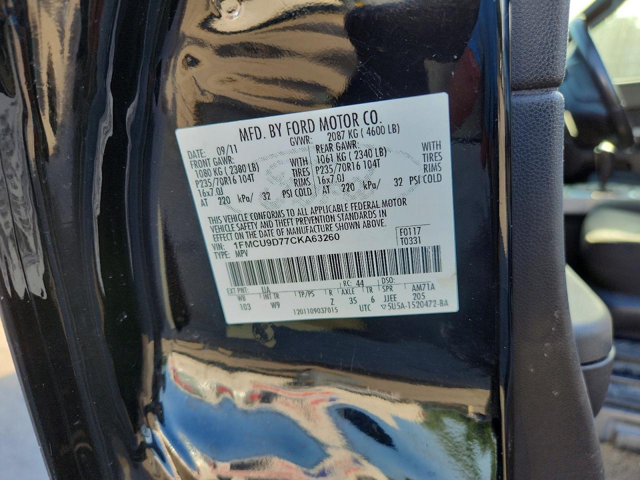 2012 Ford Escape Xlt Black vin: 1FMCU9D77CKA63260