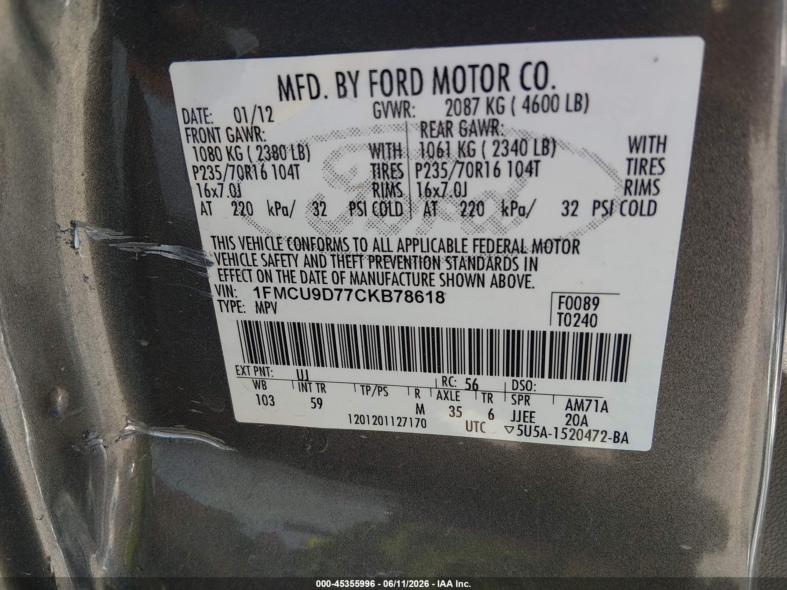 2012 Ford Escape Xlt Gray vin: 1FMCU9D77CKB78618