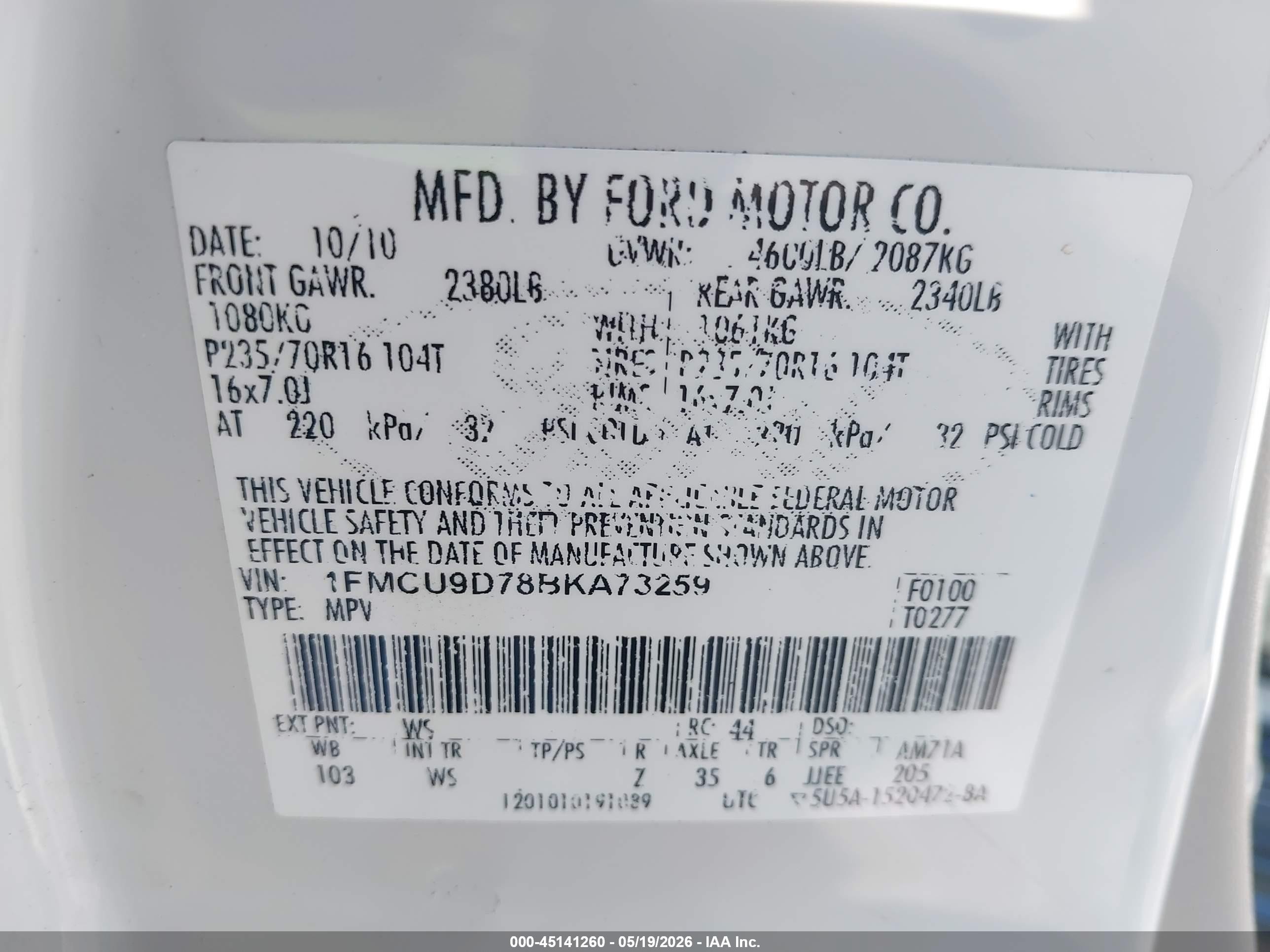 2011 Ford Escape Xlt White vin: 1FMCU9D78BKA73259