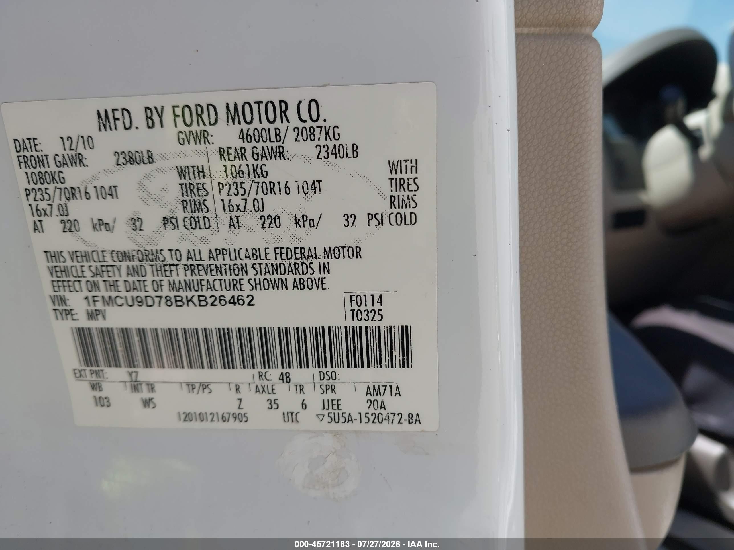 2011 Ford Escape Xlt White vin: 1FMCU9D78BKB26462
