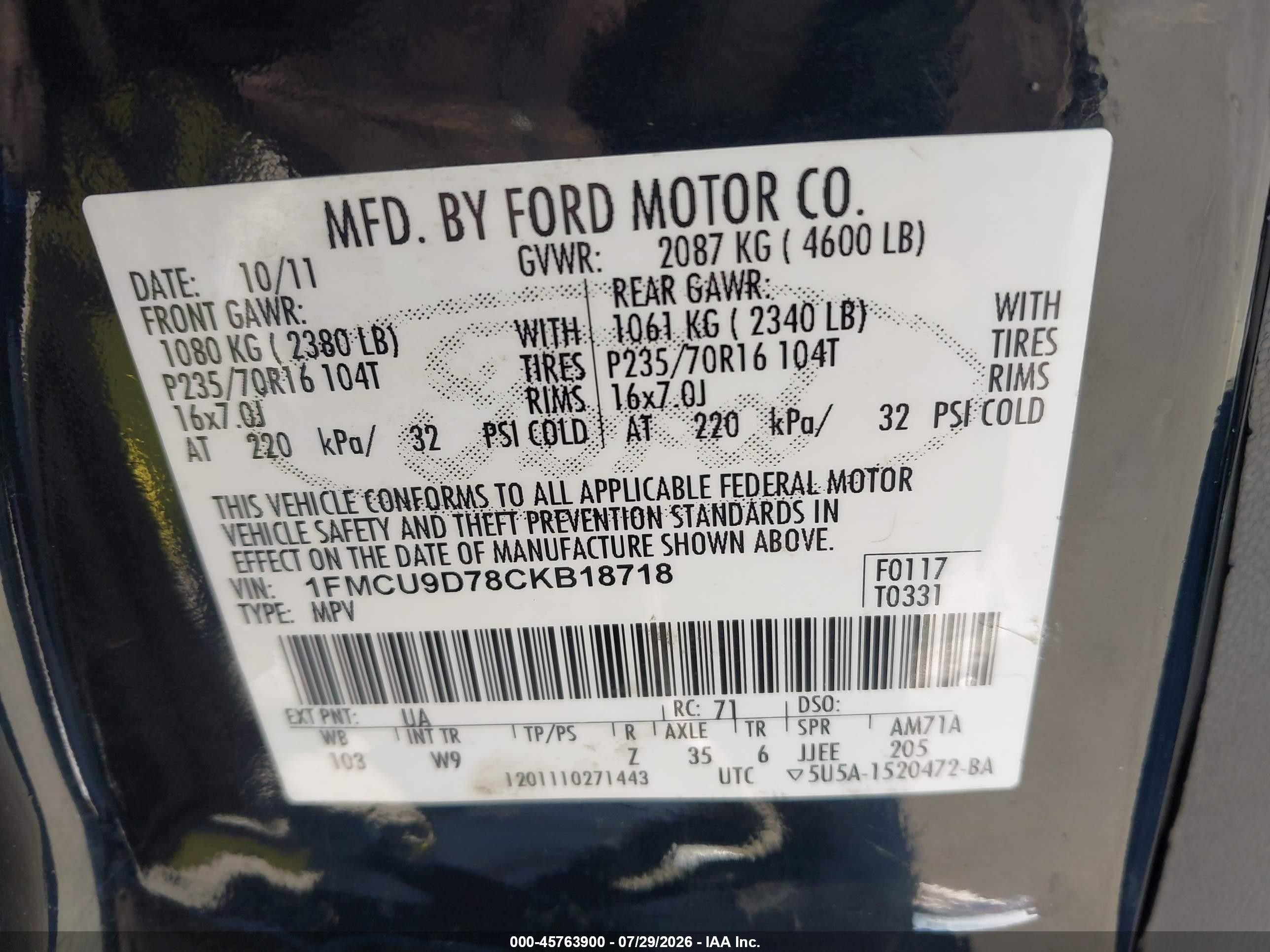 2012 Ford Escape Xlt Black vin: 1FMCU9D78CKB18718