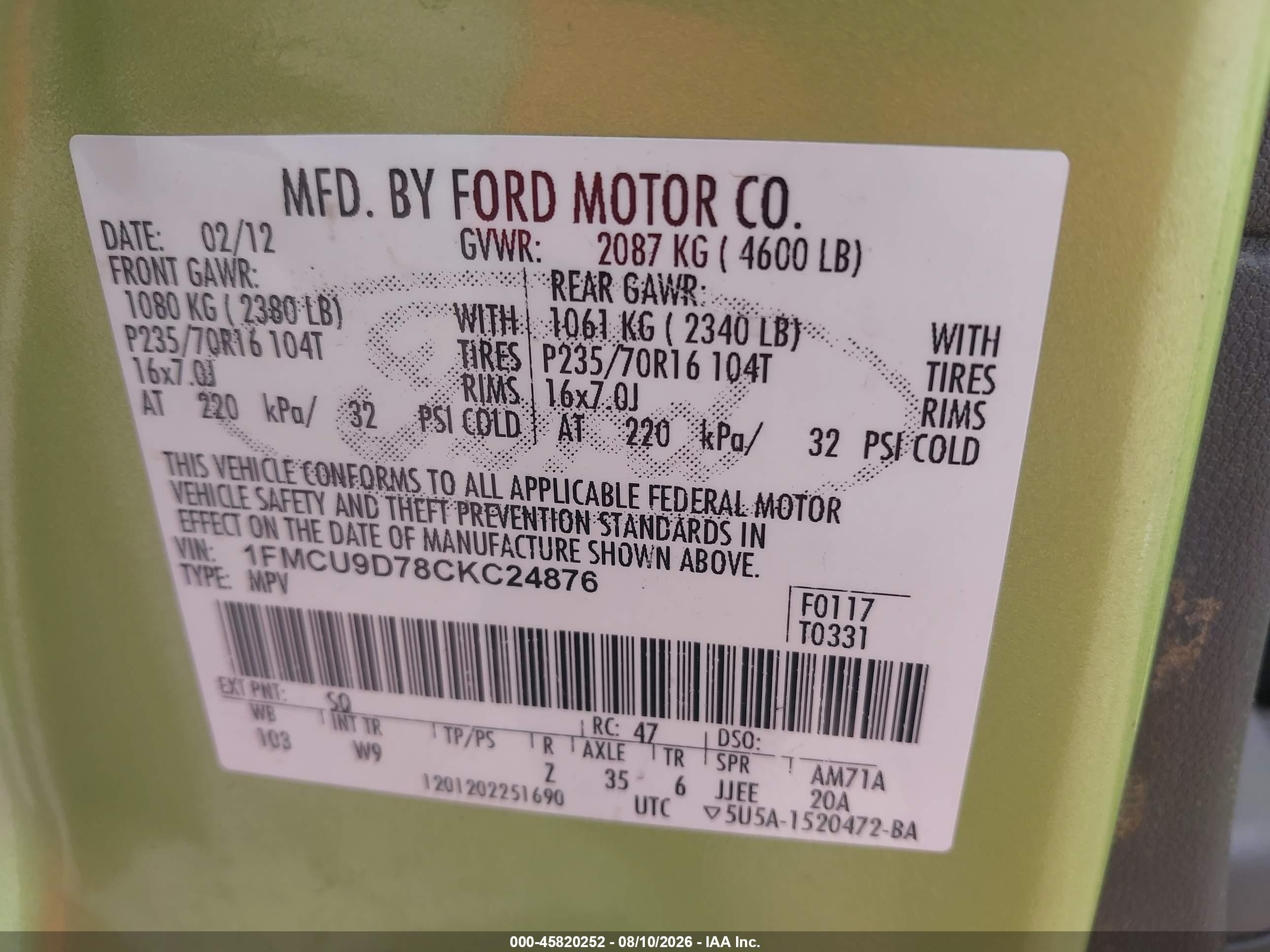 2012 Ford Escape Xlt Green vin: 1FMCU9D78CKC24876