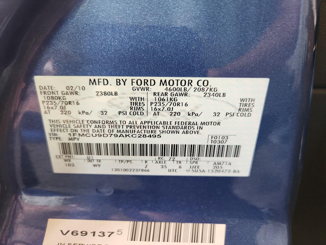 2010 Ford Escape Xlt Blue vin: 1FMCU9D79AKC28495